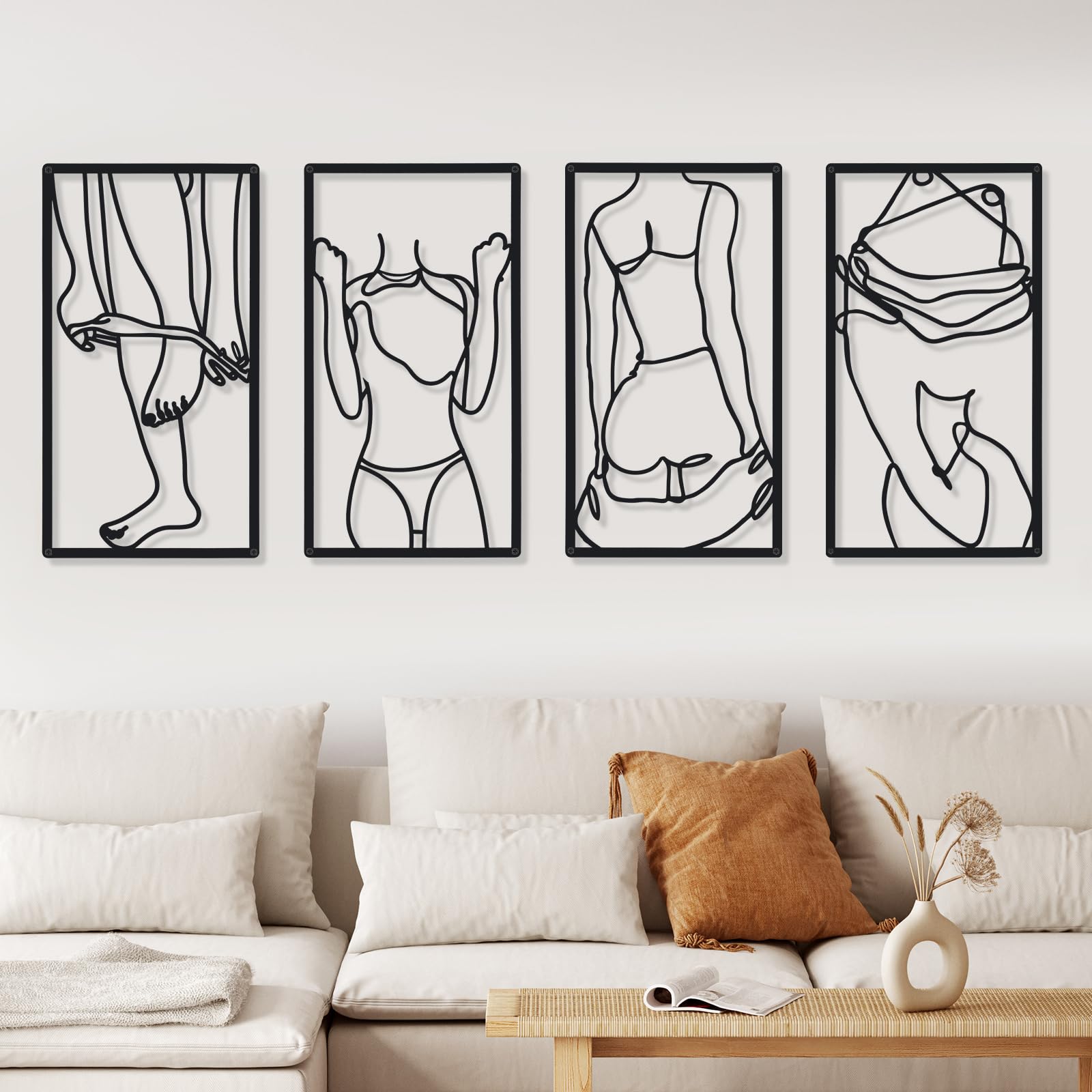 Cindeer 4 Pieces Mental Minimalist Abstract Woman Wall Art Single Line Drawing Wall Art Decor Modern Female Body Home Hanging Metal Wall Decor for Kitchen Bathroom Living Room (Black)
