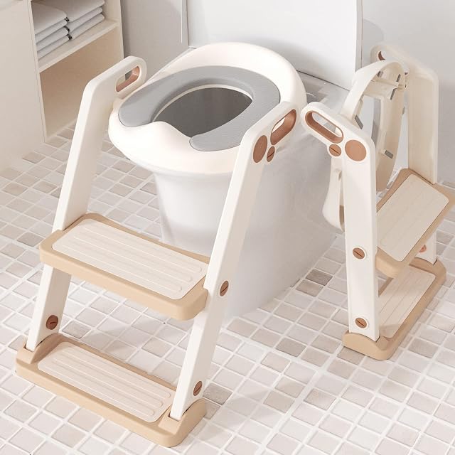 XJD Potty Training Seat for Toddler Toilet with Step Ladder for Kids Boys Girls Potty Training Toilet Adjustable Comfortable PU Safe Potty Seat with Anti-Slip Pads (Glay)