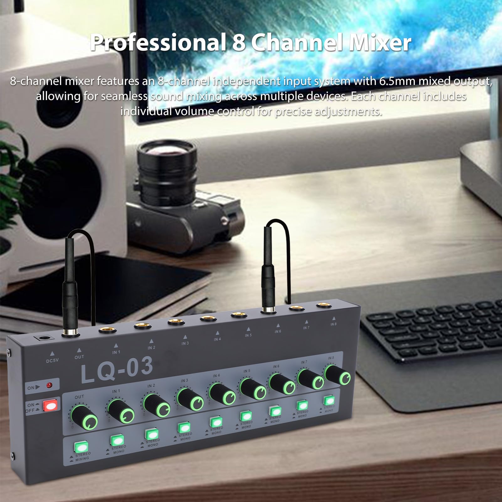 Luocute Mezclador de 8 Canales, Mezclador de Sonido con Entrada de 8 Canales, Mono Estéreo Conmutable para Grabación en Vivo, Interfaz de Sonido de Consola de Mezcla de Estudio con (2#)