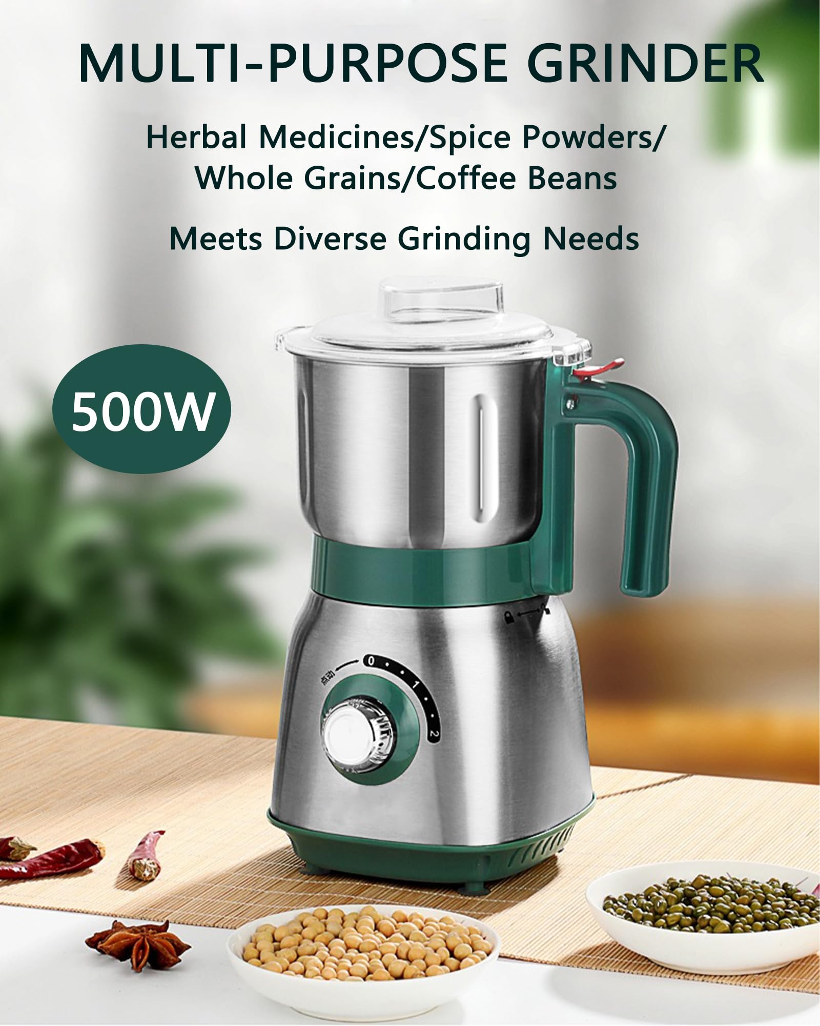Moulin de Cuisine Polyvalent 600 Ml, Moulin Domestique 500 W avec 3 Vitesses Réglables, Utilisation Humide Et Sèche, Moulin À Grains Électrique pour Café, Épices, Haricots, Céréales, Noix
