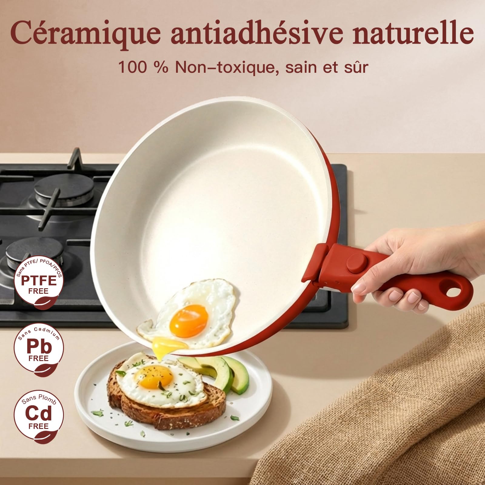 GiPP 5 PCS Set Poele et Casserole Induction Antiadhésive en Granit,Rouge | Batterie de Cuisine Tout Feux, Inclure Poêle/Casserole/Wok, Poignee Amovible pour Camping, Compatible Lave-vaisselle et Fours