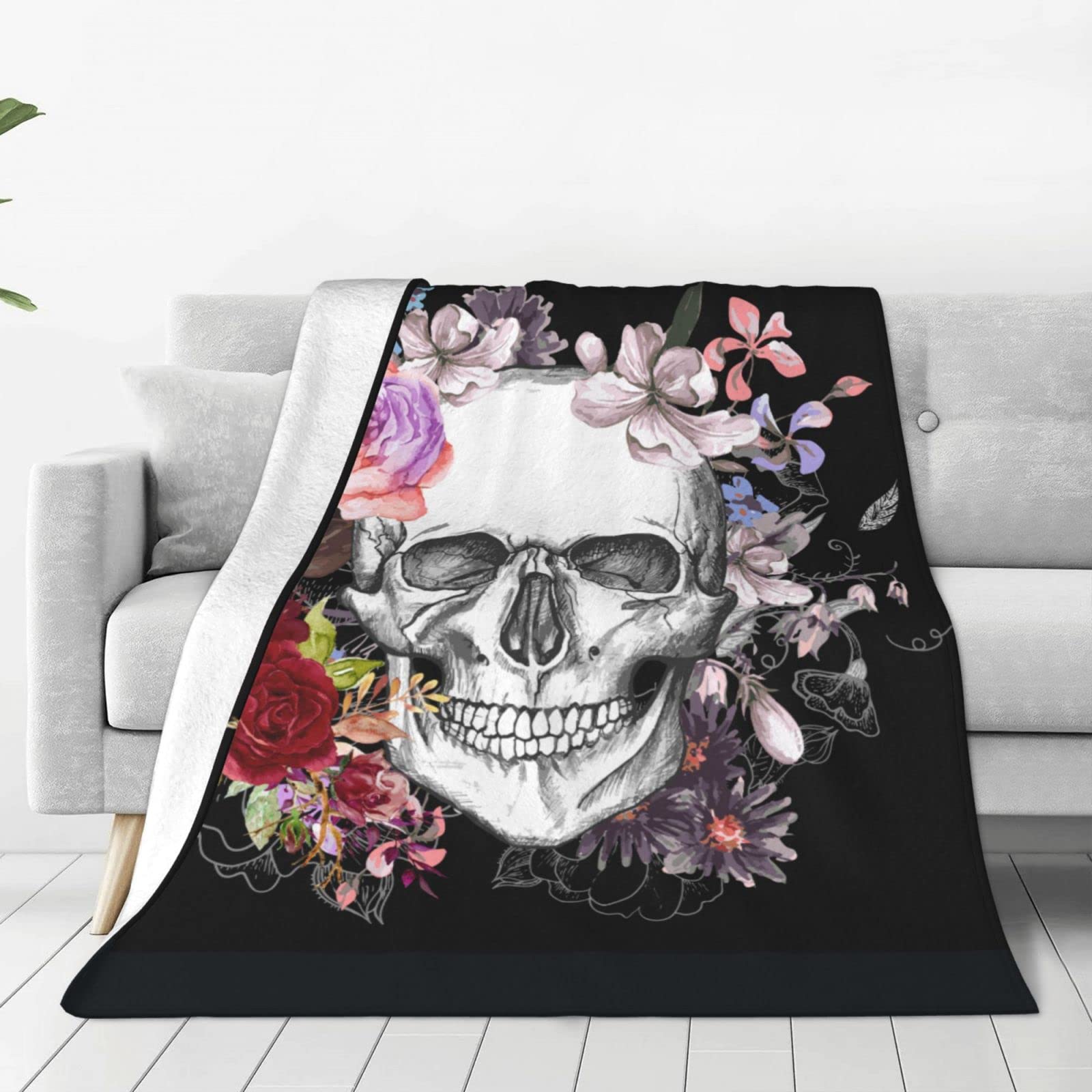 Skull and Flowers Day of The Dead Throw Blankets Lightweight Plush Fuzzy Cozy Soft Bedding, Fleece Throw Blankets All Season for Sofa Couch Bed 50x60