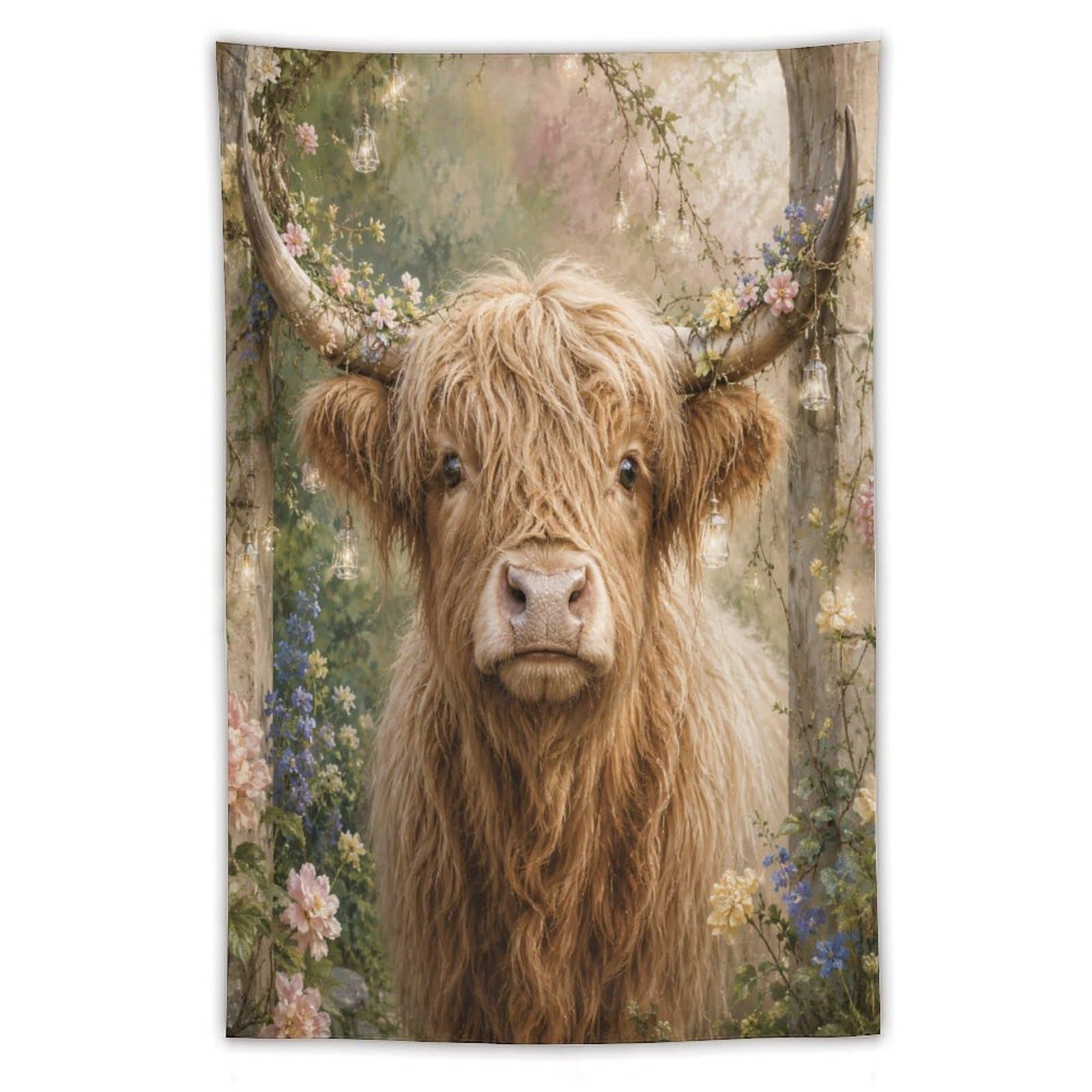 H3B8U2Y5 Highland Cow Garden Portrait Wall Tapestry, Rustic Farm Animal