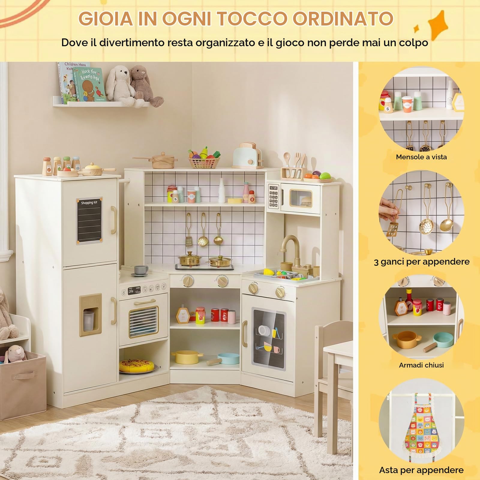 FANTASK Cucina in legno per bambini, angolo cucina giochi con rubinetto, dispenser di ghiaccio e accessori da cucina, forno a microonde, cucina giochi per bambini dai 3 anni in su