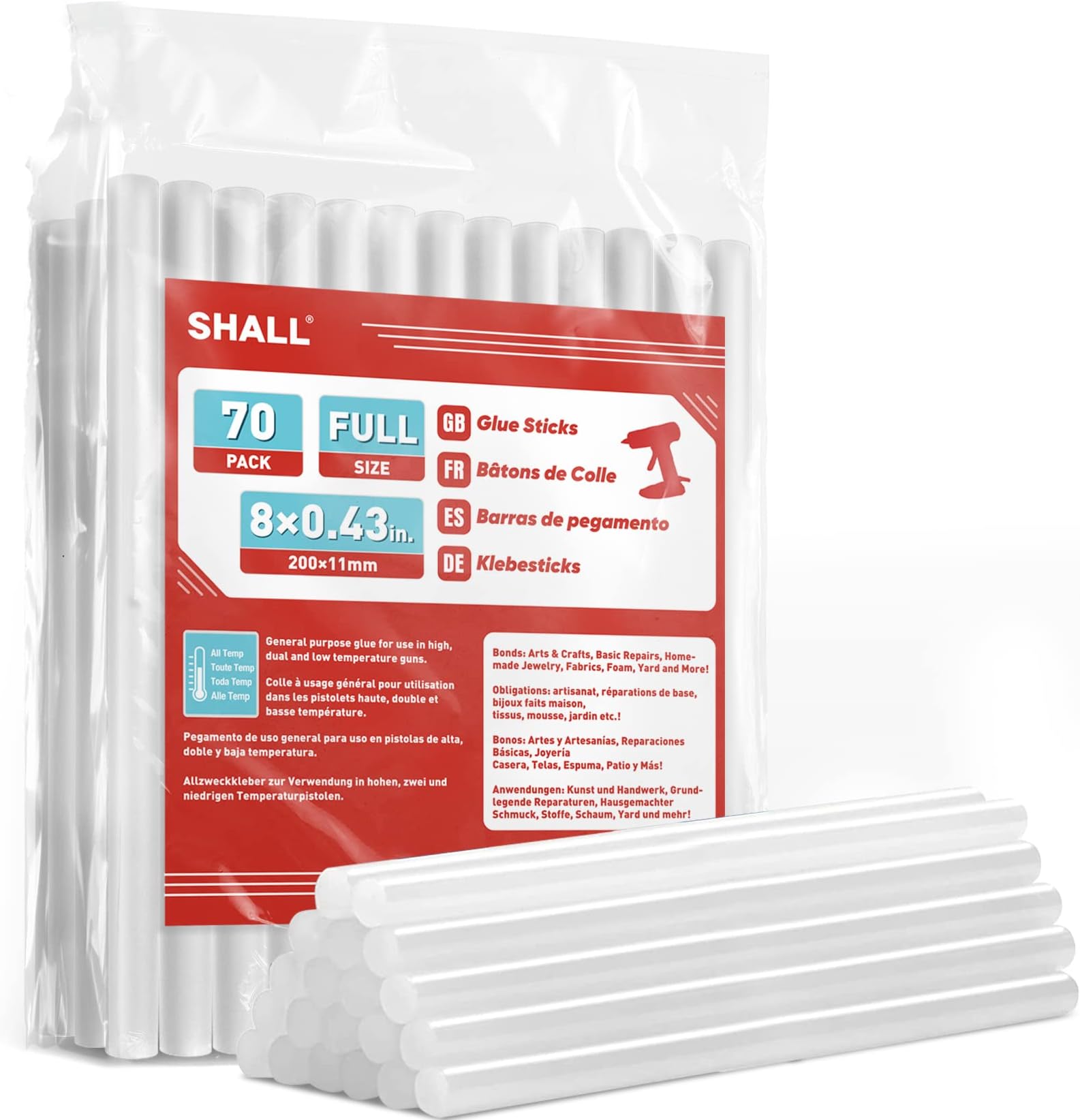 - Full Size Hot Glue Sticks, 0.43” Dia x 8” Long, 70-Pack Clear Hot Melt Glue Gun Sticks for All-Temp Glue Guns, Multipurpose for Kids Adults DIY Art Craft Sealing Repairing Festival Decoration
