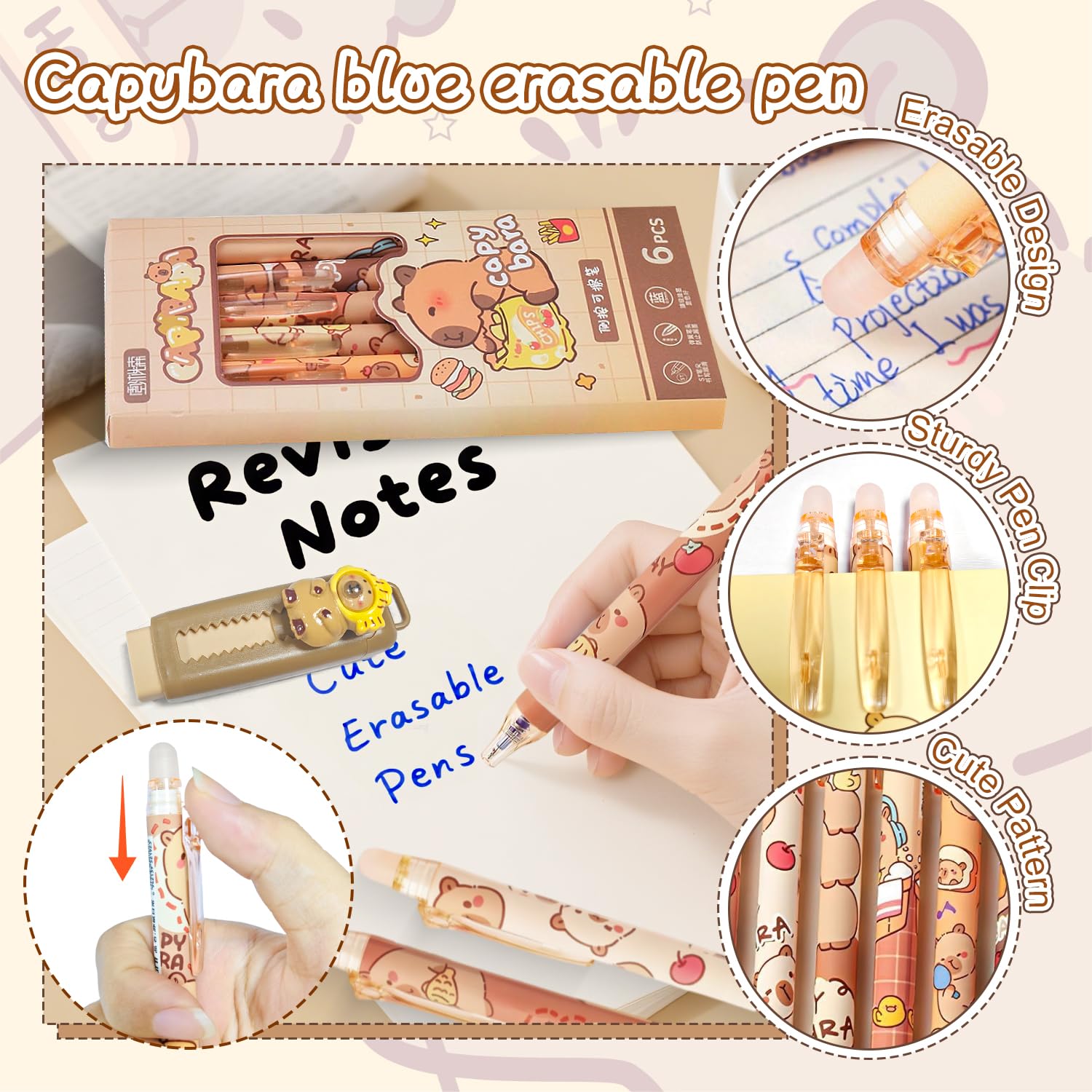 4 Gomas de Borrar Rretráctil Capibara 6 Boligrafos Borrable Azul Bolis Borrables Goma de Borrable Capybara Papeleria Set para estudiantes y adultos para la Escuela y Oficina(0,5 mm)