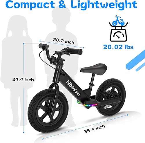 Miniatura 5 de Hiboy Bicicleta eléctrica de equilibrio para niños, neumáticos de 12 pulgadas, 5.6/9 mph, asiento ajustable, hasta 4.9 millas, bicicleta eléctrica