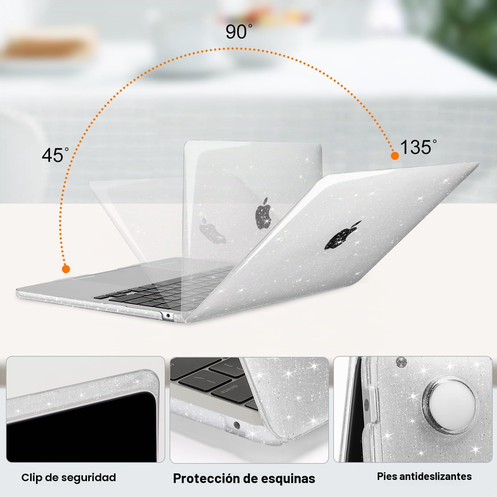 MOSISO Funda Compatible con MacBook Air 13,6 Pulgadas M5 M4 M3 M2 2026 2025-2022 A3449 A3240 A3113 A2681, Purpurina Brillante Carcasa&Teclado Tapa&Protector Pantalla&Bolsa Almacenaje,Transparente