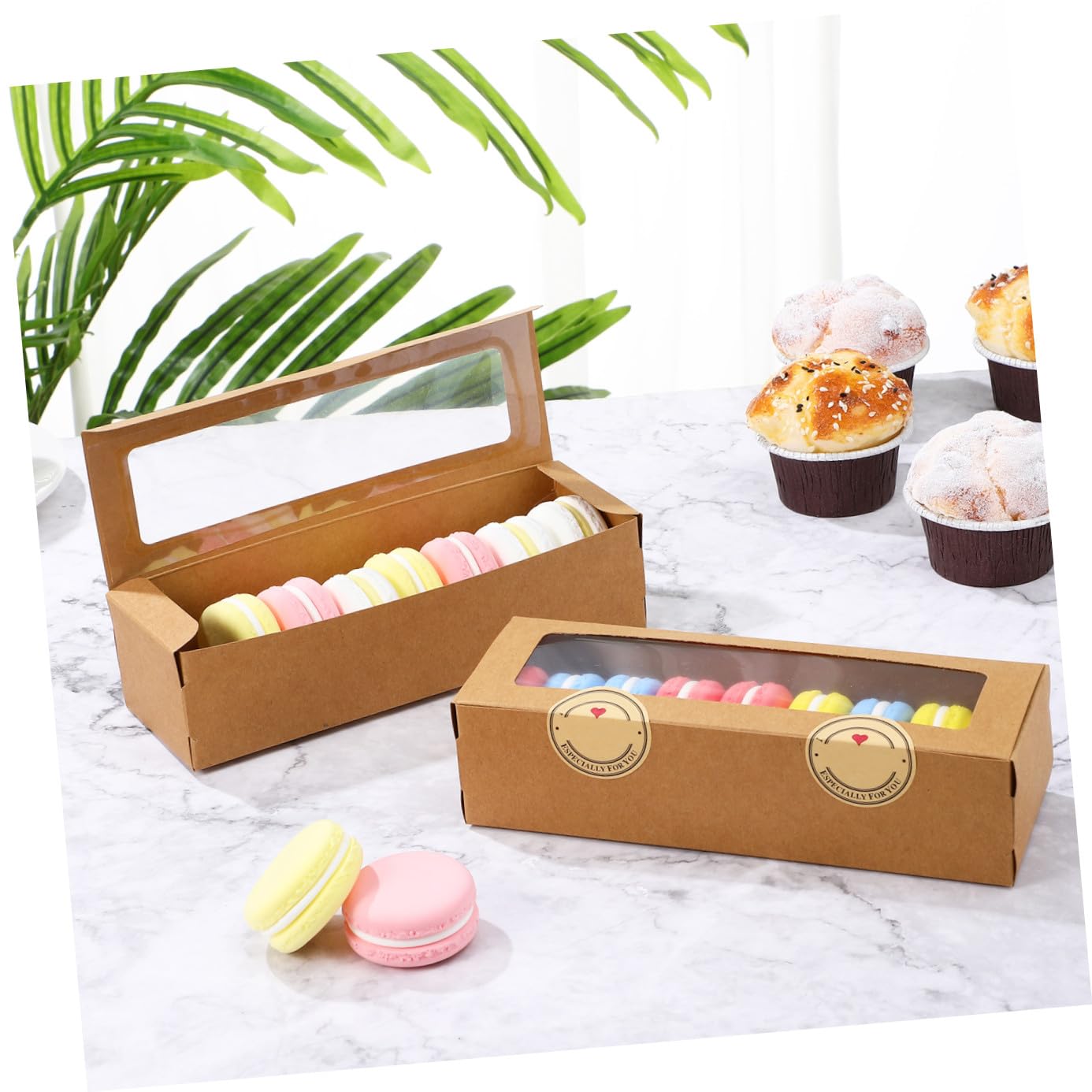 Cajas y Pegatinas de Papel Kraft 50 con Ventana Transparente de Macarons para Macarrones Dulces, Postres y Tienda