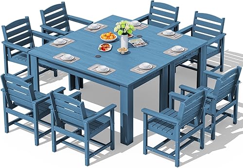 Miniatura 44 de SERWALL Juego de comedor de patio para 8, juegos de comedor al aire libre para 8 personas con 2 agujeros para sombrilla, mesas rectangulares