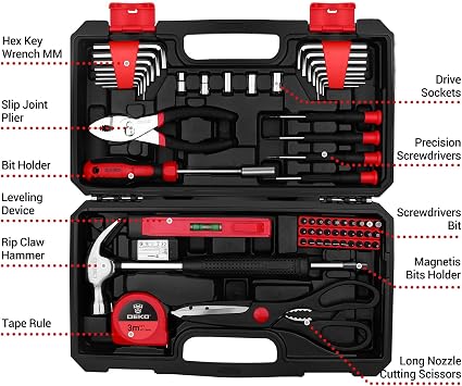 DEKO Tool Kit Set Box 62 Piece Home Repair DIY Tools Basic Hand Toolbox Sets for Home (Red)