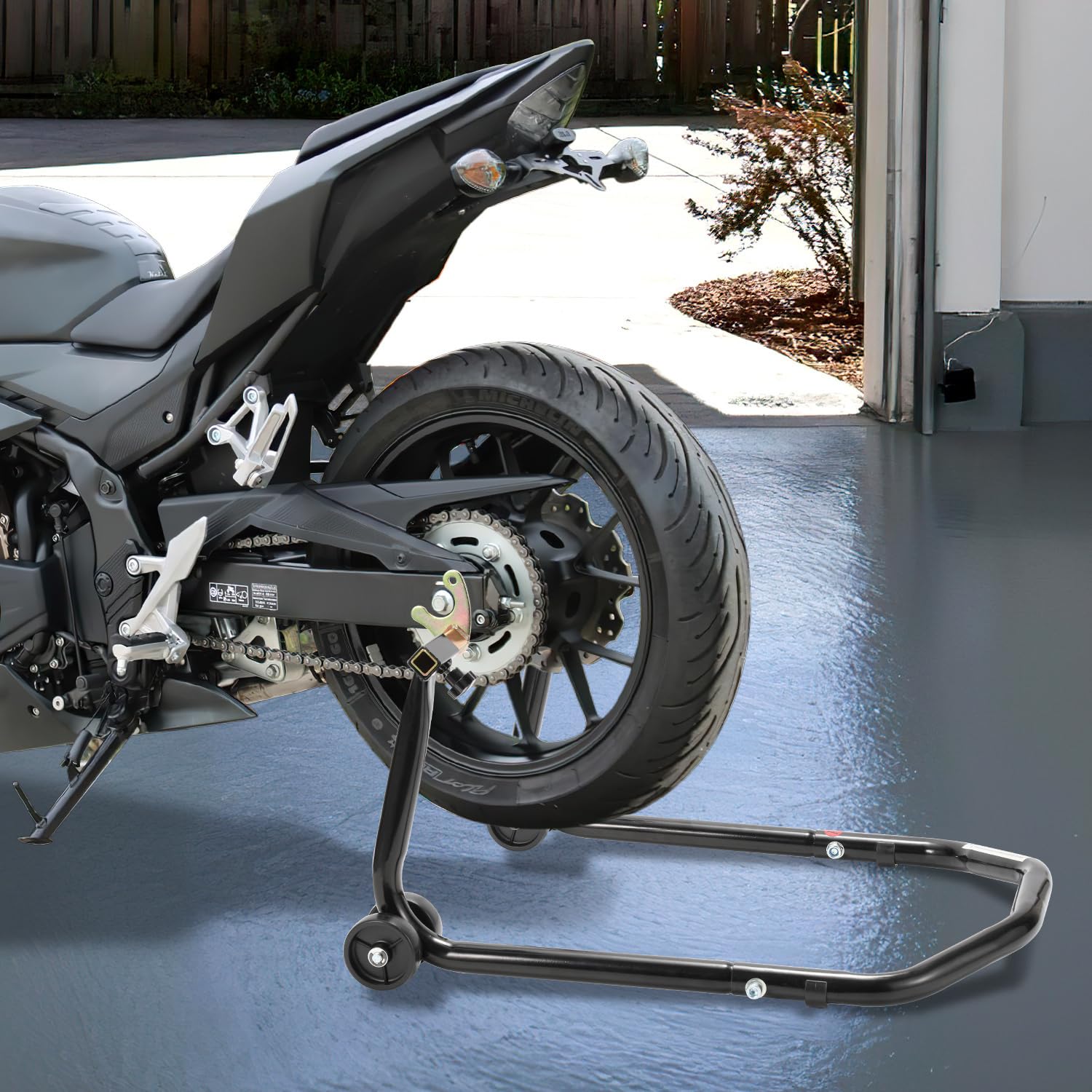 Stojak na motocykl, podnośnik do motocykla, tylny stojak z podwójnymi kółkami, regulacja szerokości, prace montażowe do motocykli do 300 kg, stabilność (czarny)