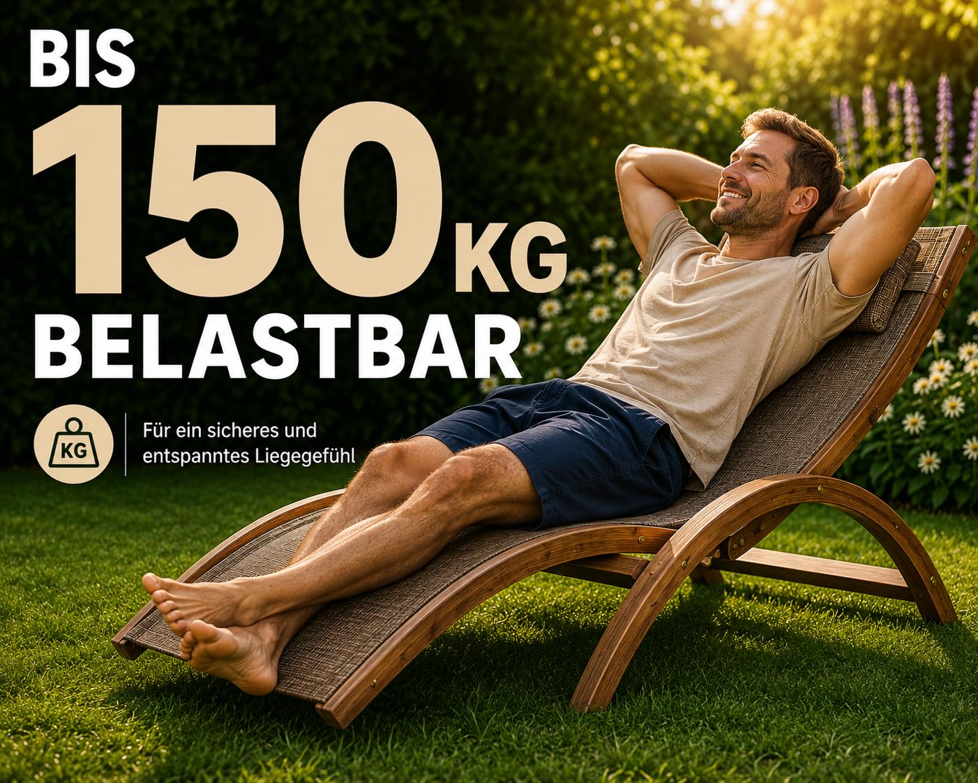 Ampel 24 Relax Liegestuhl Tropica | Relaxliege mit Armlehnen, Gartenmöbel aus vorbehandeltem Holz, Stuhl Bespannung braun, wetterfeste Gartenliege