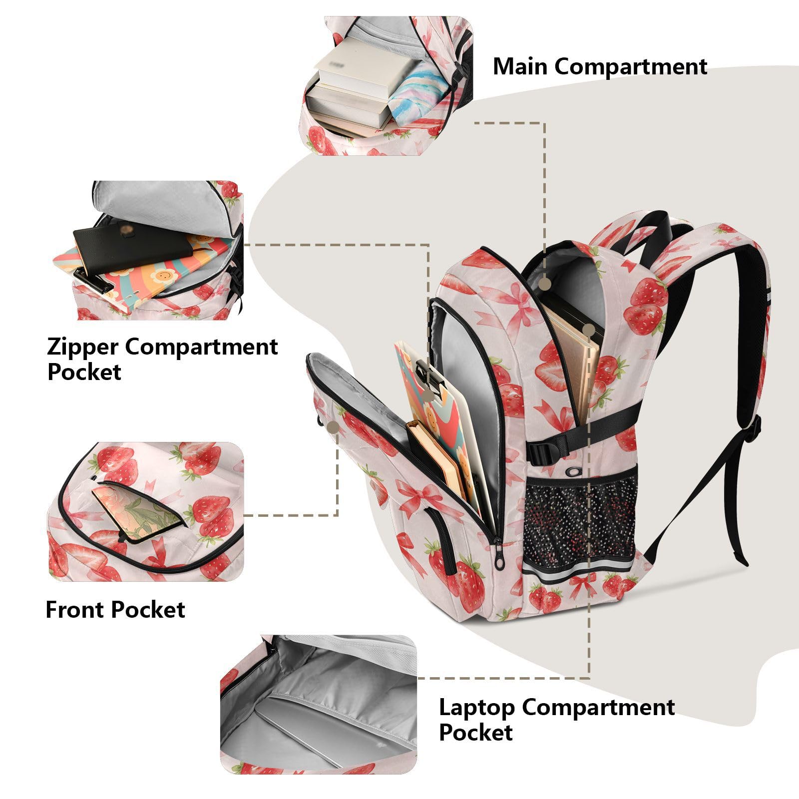 Trawberry Rucksack mit Schleifenmuster und mehreren Taschen für Schule, Reisen, Outdoor, Uni, 17,5 Zoll Laptop-Rucksack für Damen und Herren