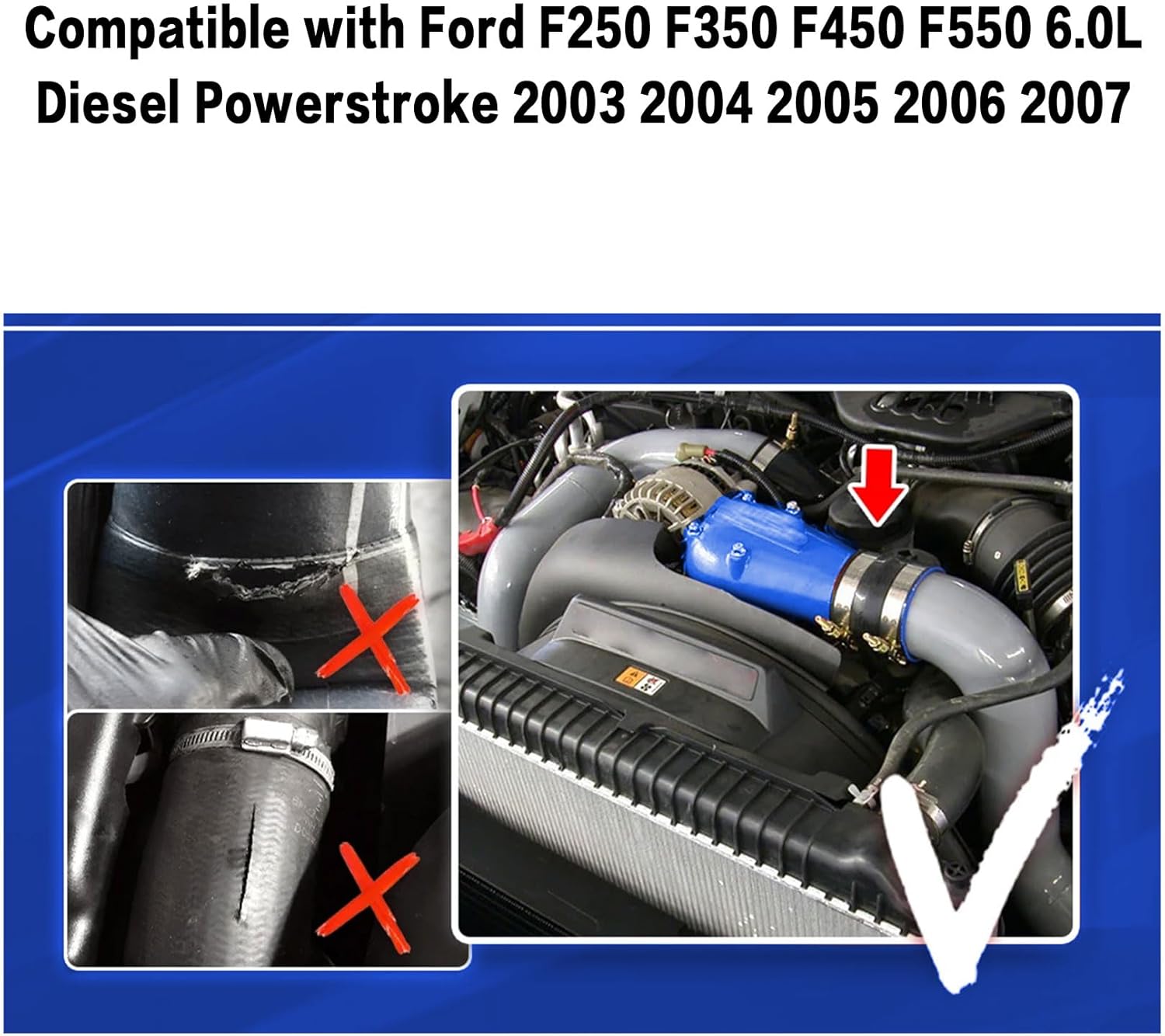 Turbo Intercooler Boots Kit with T-Bolt Clamp Compatible With Ford F250 F350 F450 F550 6.0L Diesel Powerstroke 2003 2004 2005 2006 2007(Outer Blue and Inner Red)