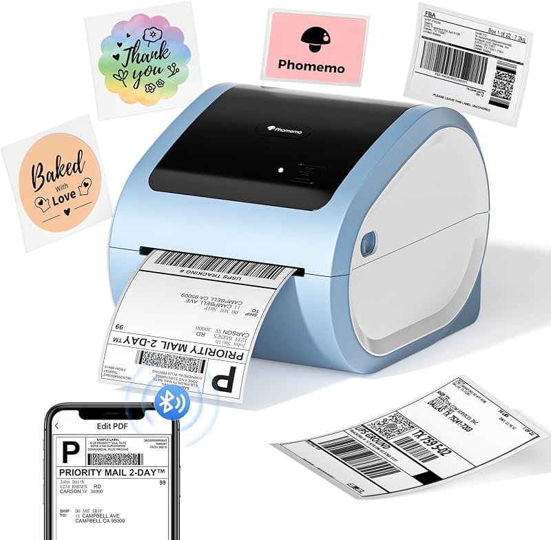 Phomemo D520BT Bluetooth Címkenyomtató - Kék Termál Címkéző 10x15 cm DHL Csomagokhoz, Kompatibilis Amazon, Ebay, Shopify, FedEx, UPS