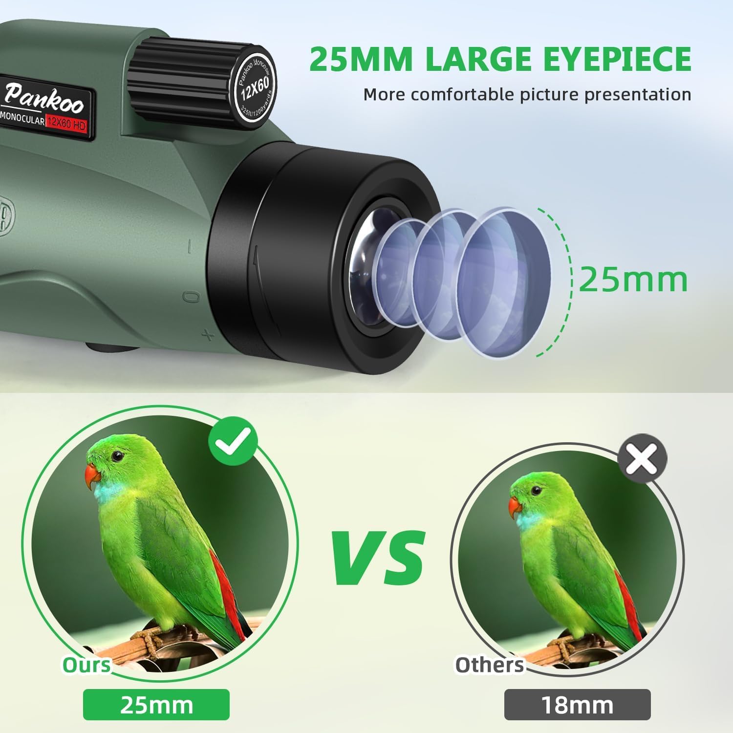 Pankoo Monoculaires 12x50 pour adultes,Télescope monoculaire haute puissance pour l'observation des oiseaux, la chasse, le camping, les voyages,Avec support pour smartphone et trépied,Vert,10010
