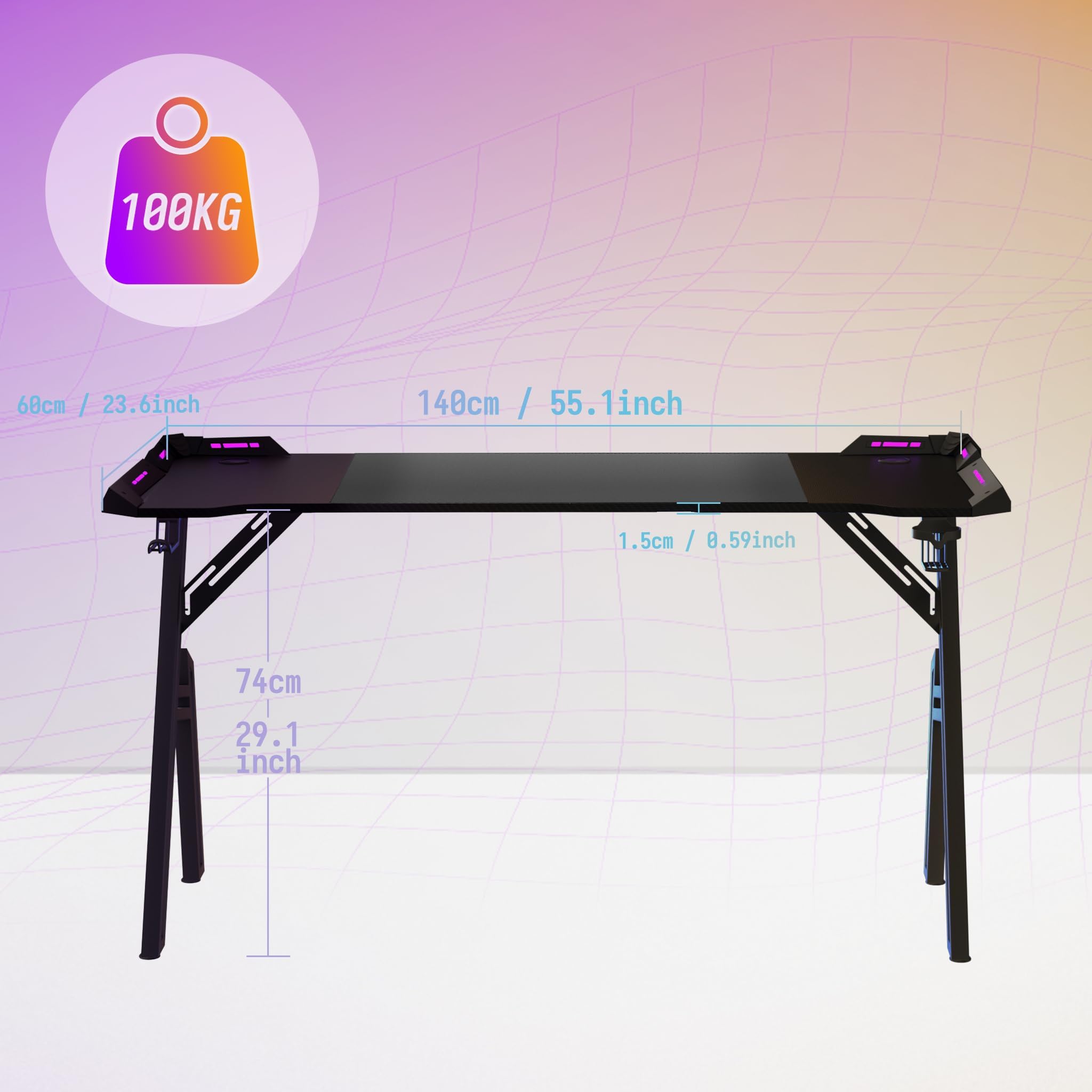 ACXIN Gaming Tisch – Gamer Schreibtisch 140 x 60cm, A-förmiges Design, RGB LED-Beleuchtung, Kohlefaseroberfläche, Ergonomischer Eckschreibtisch mit Getränkehalter und Kopfhörerhaken