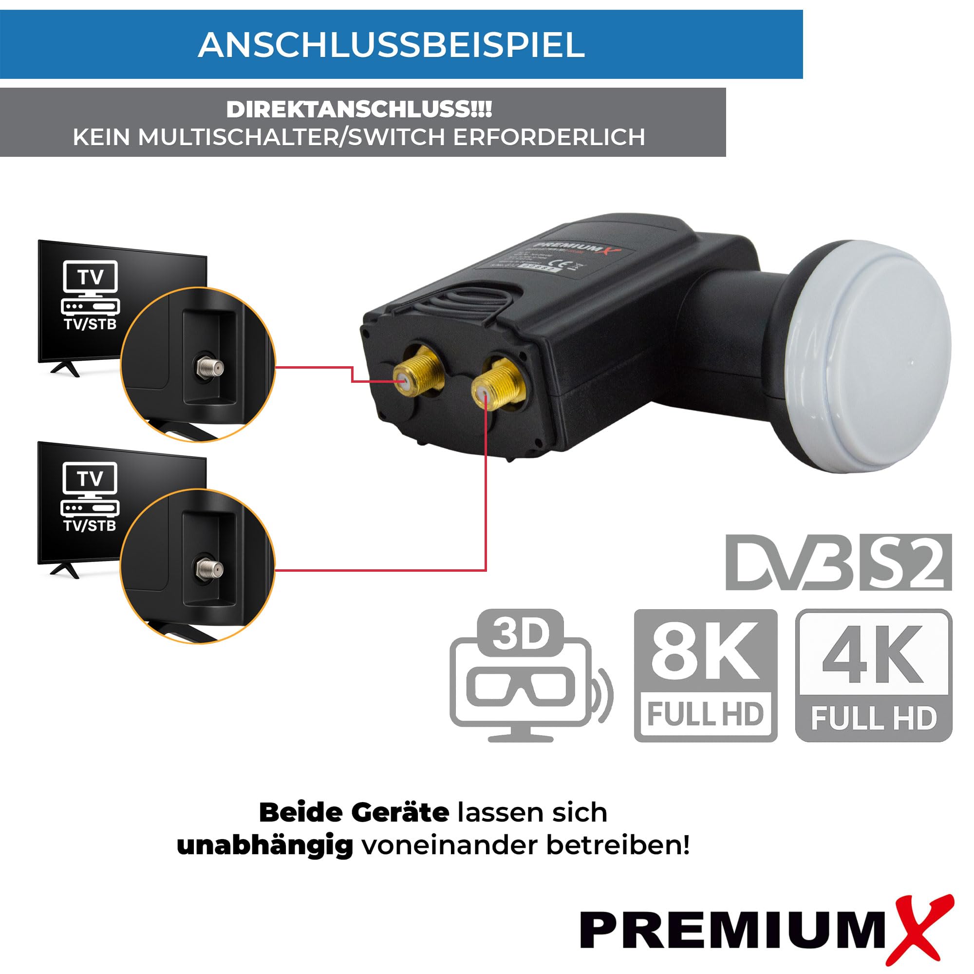 PremiumX Deluxe Twin LNB - Convertidor de señal para 2 usuarios con recepción satelital Digital en HD, UHD y 4K. Soporta DVB-S2 y oscilador de Referencia PLL para el máximo Rendimiento