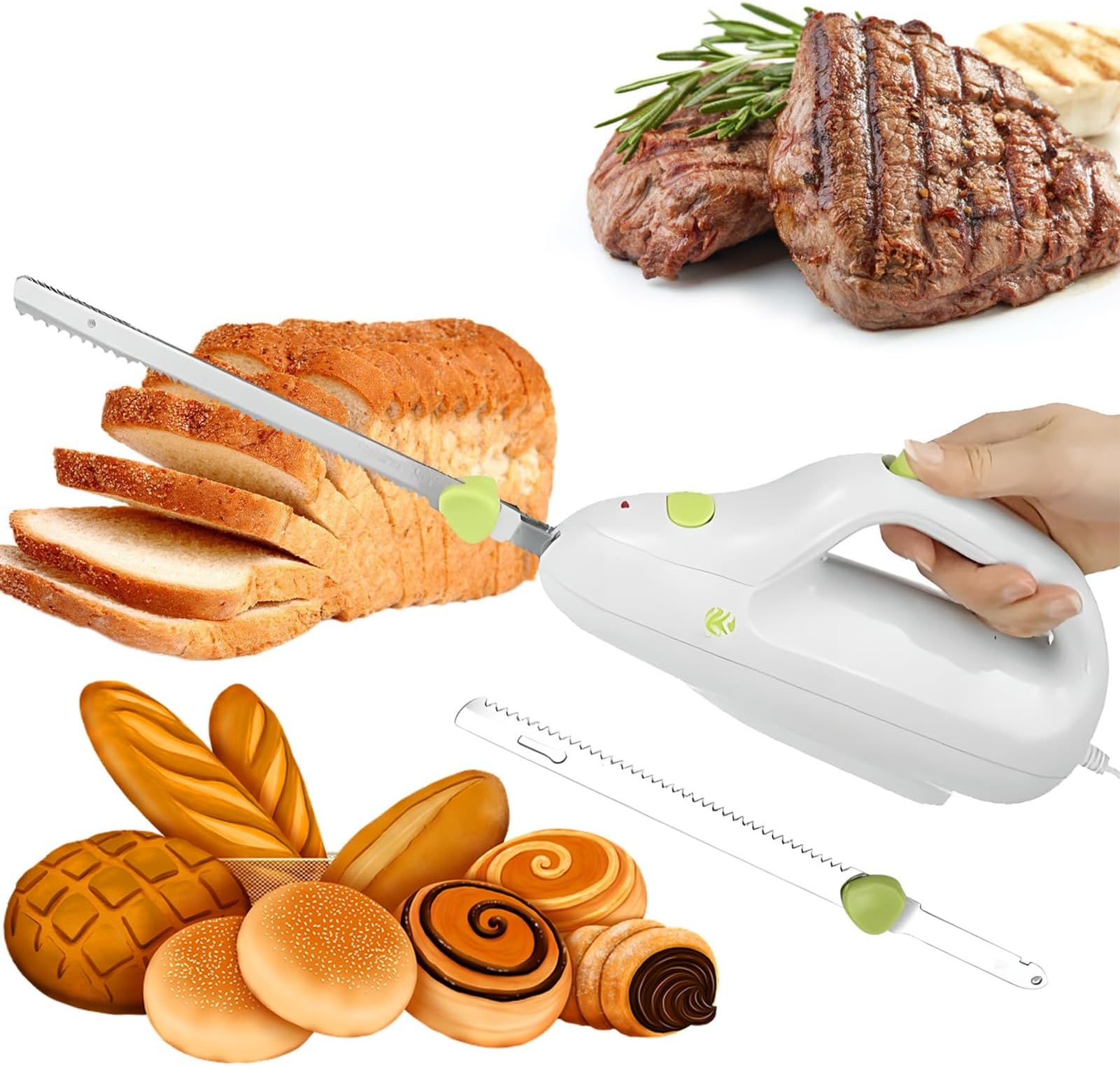 Kitchen Electric Bread Knife,Cordless Rechargeable Bread Cutter & Meat Slicer,Automatic Toast Meat Cutter with 2 8inch Stainless Steel Blades, Safety Lock Switch, for Families, Meat, Bread, Cheese