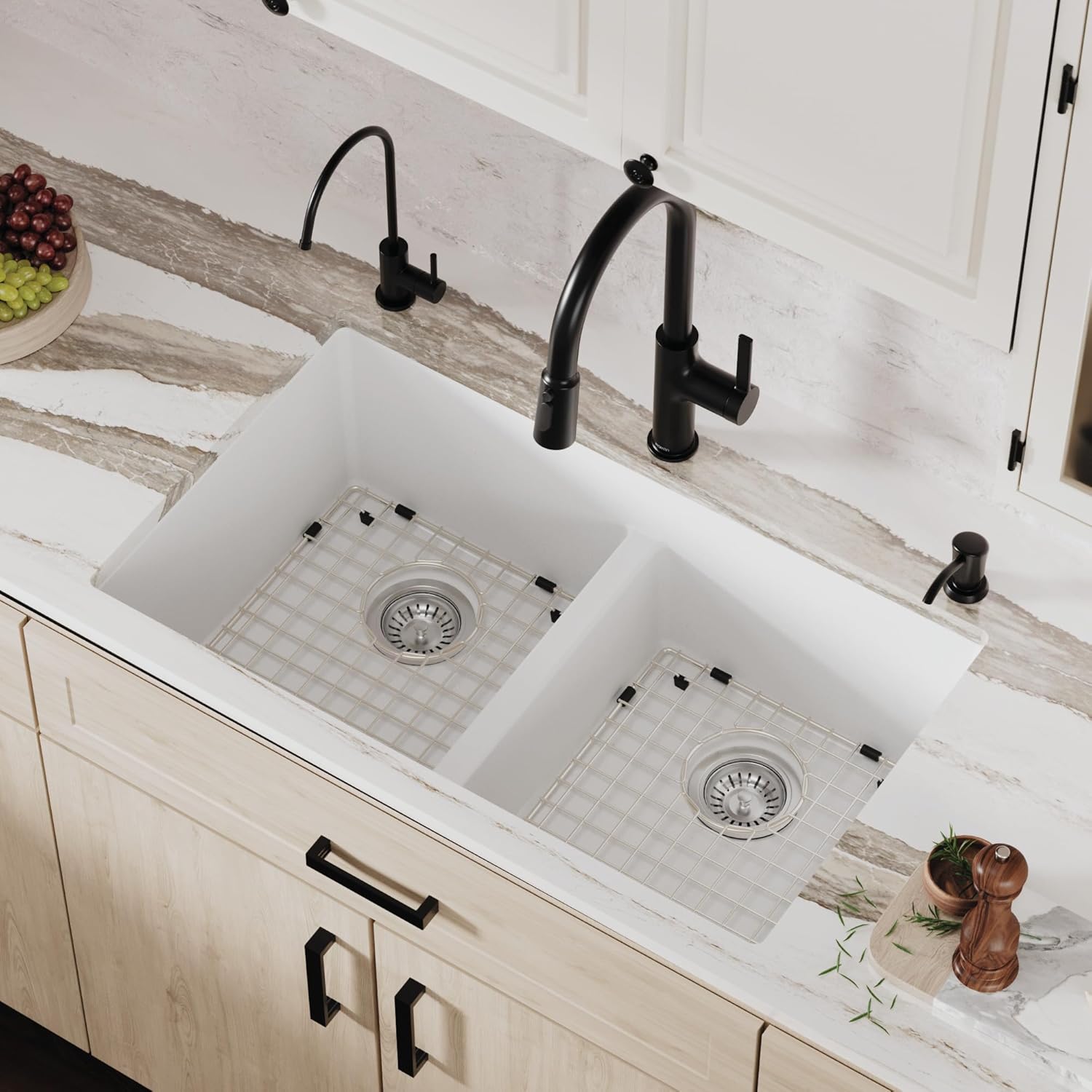Karran QU-810 32" Undermount Double Bowl Quartz Kitchen Sink Kit, White Composite, Equal Bowls, Scratch Resistant, Heat Safe, Noise Reducing, Includes Grids & Strainers