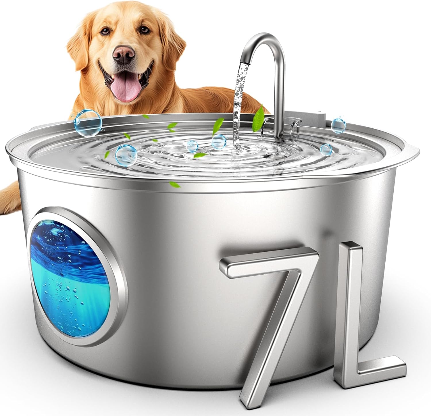 Casfuy PWS-140 Quiet Stainless Steel Dog Water Fountain with Water Level Window, 230-oz