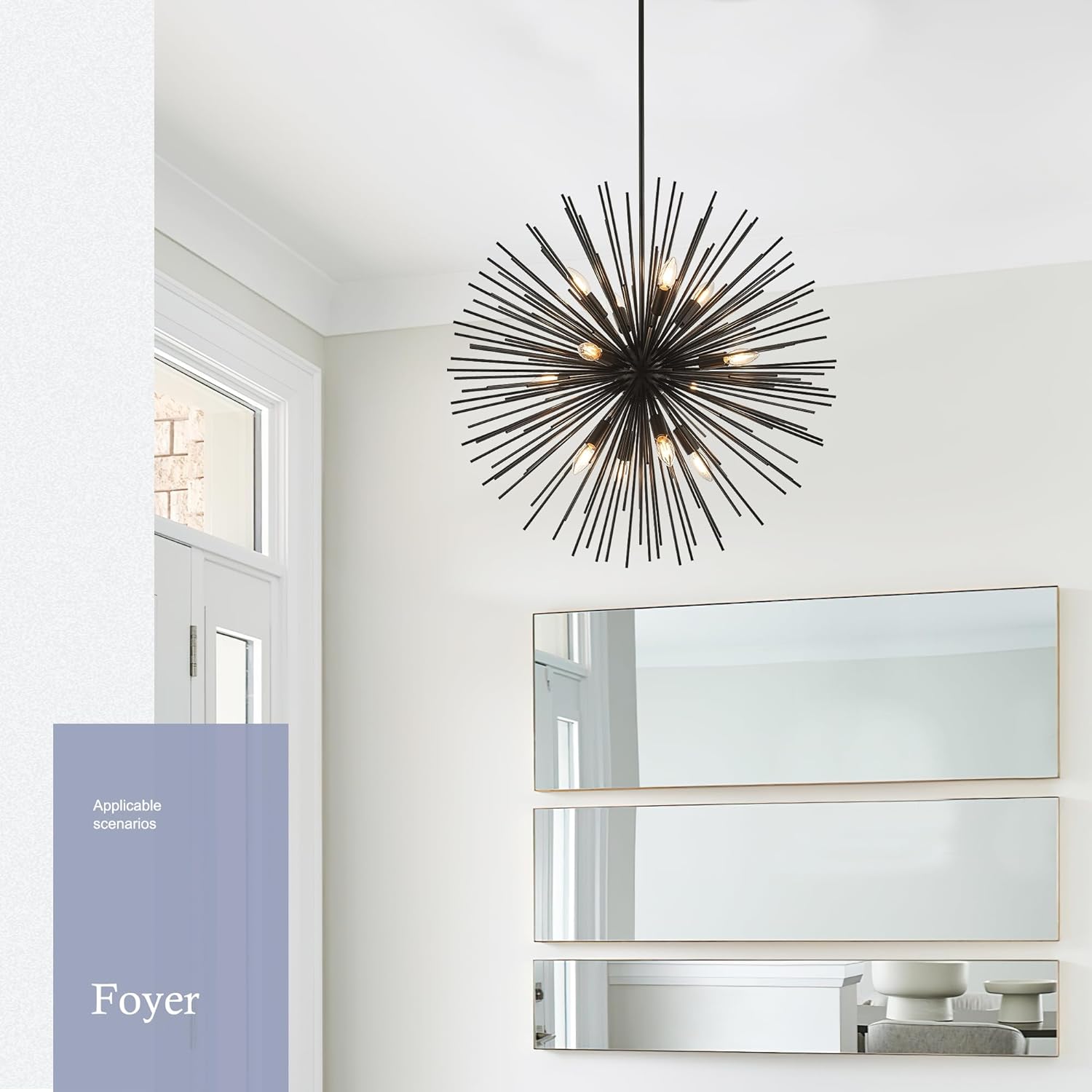 31.5" 12-Light Black Sputnik Chandelier Modern Industrial Foyer Light Fixtures, Adjustable Firework Globe Ceiling Fixture for Living Room, Entryway, Dining, Bedroom, Hallway, Stairway