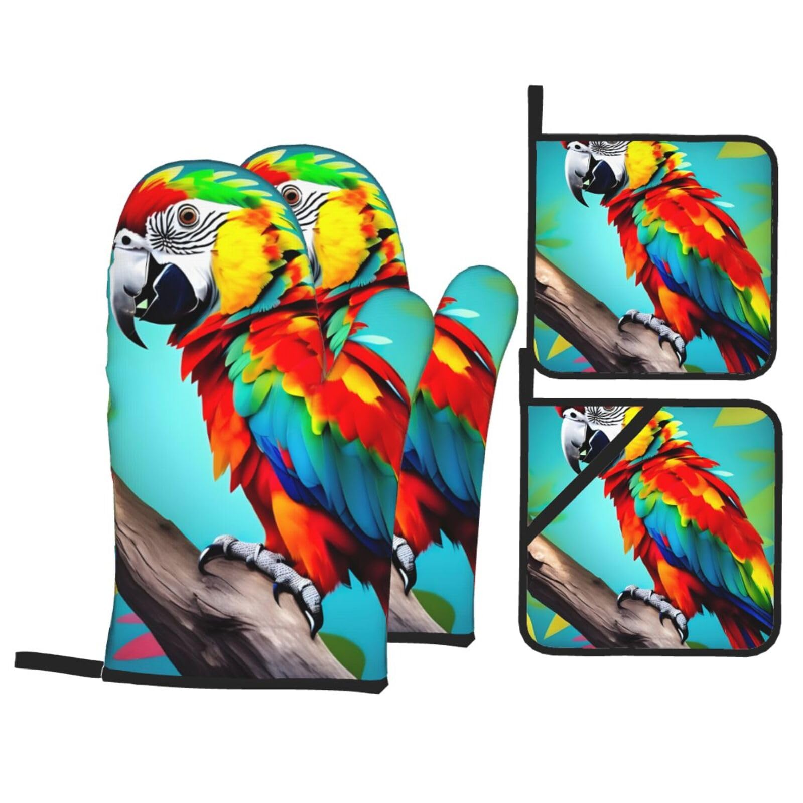 Parrots On Tree Print 4-Piece Oven Microwaving Set Kitchen Gloves for Holiday Cooking Baking Grilling