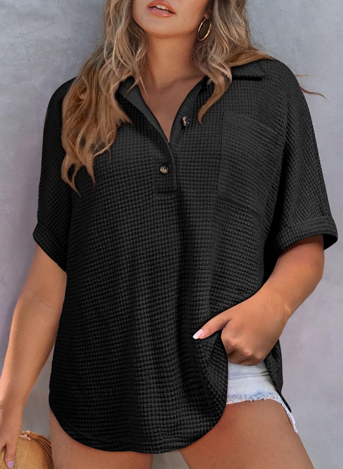 Eytino Plus Size Button Down Shirts for Women Casual Waffle Knit Tops Short Sleeve V Neck Dreesy Blouse Tunic(1X-5X) - Image 2
