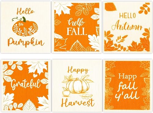 Juego de 6 paños de cocina de calabazas de otoño para Acción de Gracias, paños de cocina suecos, hojas de arce, calabazas, toallas de cocina de