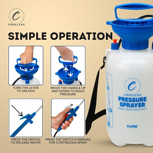Coselena 5L Garden Sprayer – High-Pressure Sprayer with Adjustable Nozzle & Carry Strap – Durable Weed Killer Sprayer Pump & Multipurpose Spray Bottle for Plants, Patio, and Lawn Care - 5