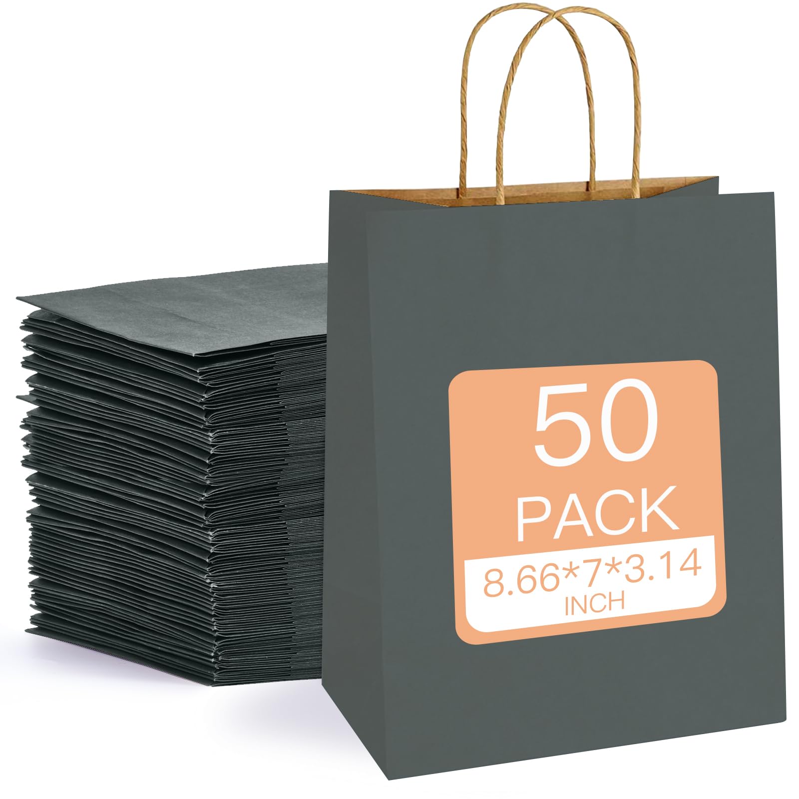 MOORAY 50 Pack Gift Bags, 8.7 x 6.3 x 3.15 Inch Paper Bags Kraft Bags, Solid Color Gift Bags with Handles for Birthday Party Craft Grocery Retail Shopping Business Favors Wedding Bags Sacks(Darkgrey)