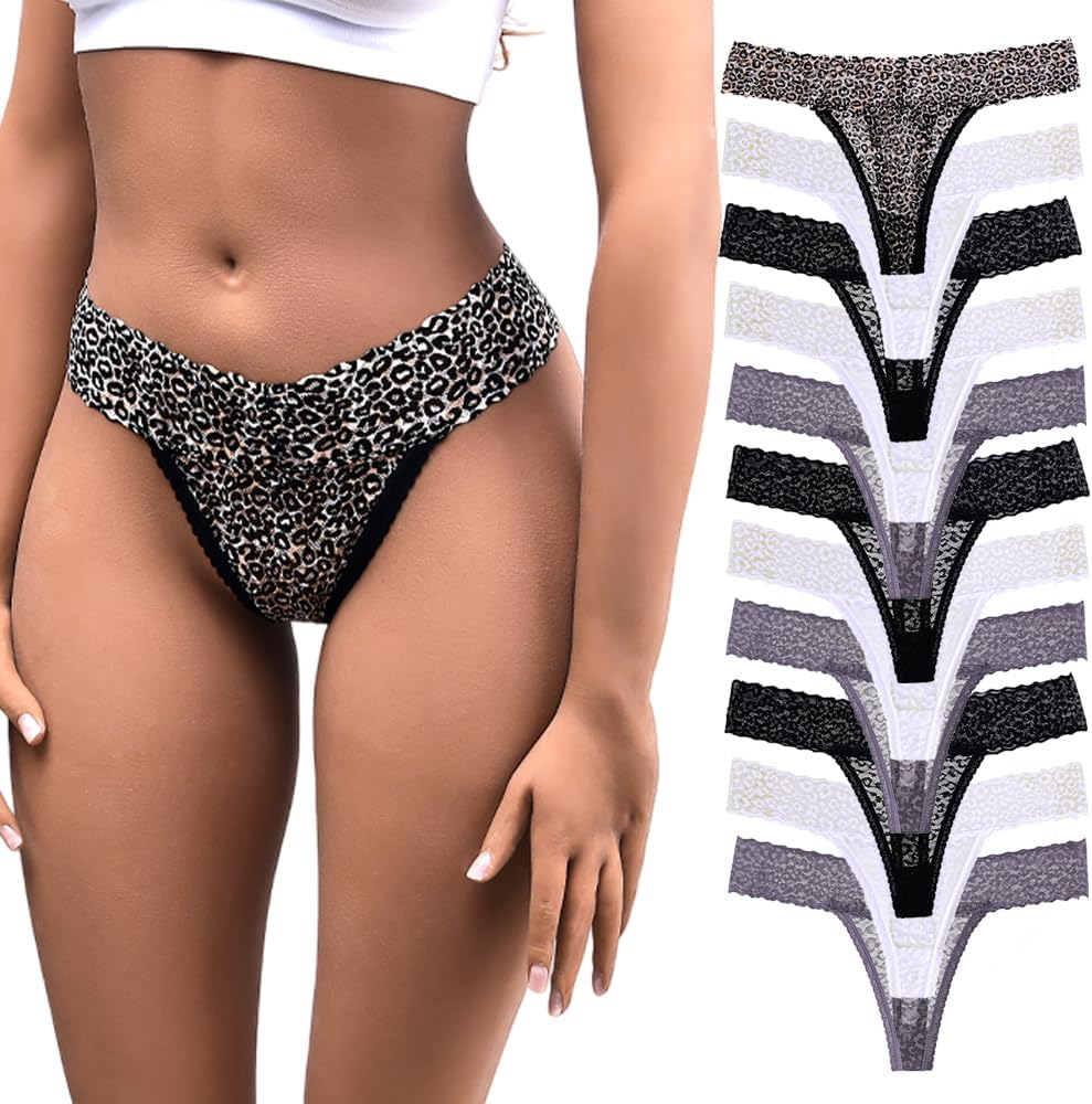 Women's Lace Thong Panties Set, 11 Pack, Multicolor with Leopard Print, Neon Accents