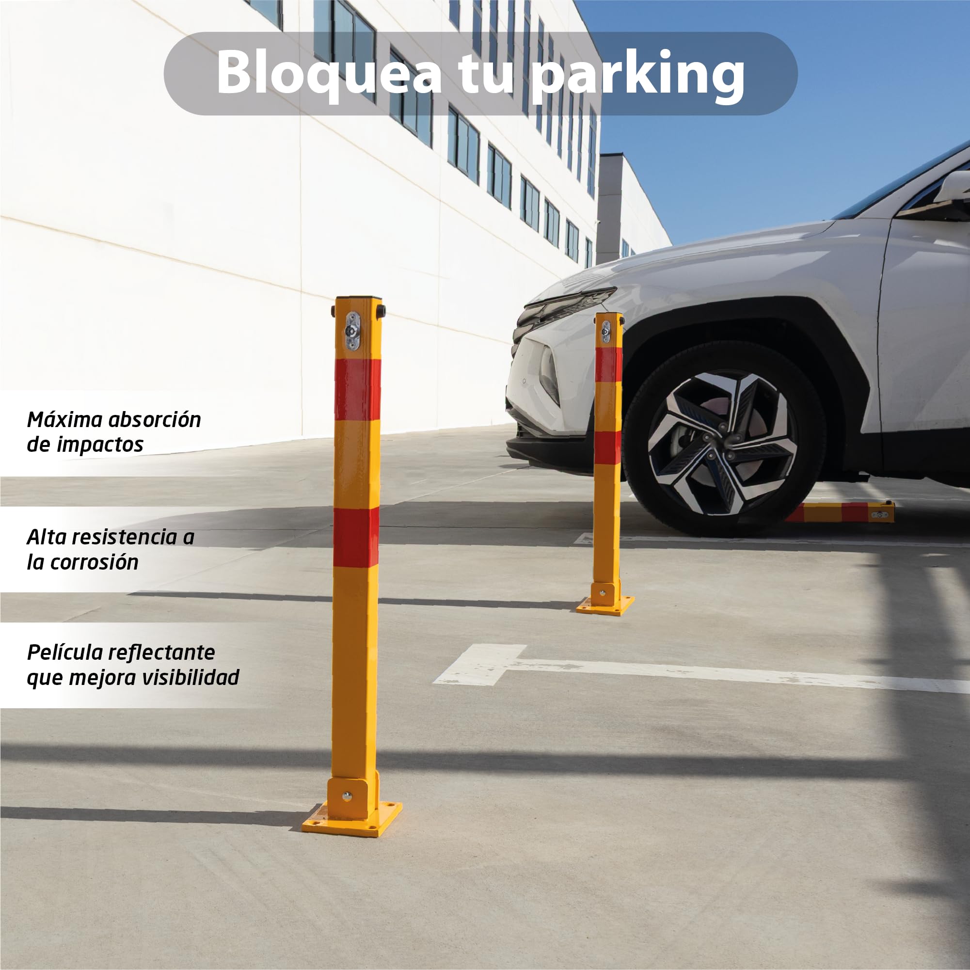 EBERSIGN - Pack 2 Cepo para Plaza Garaje Reflectante con Llave | Bolardo para Parking Acero Galvanizado Resistente | Barrera Parking de Fácil Instalación y Durable, 72,5 x 11 x 70 cm