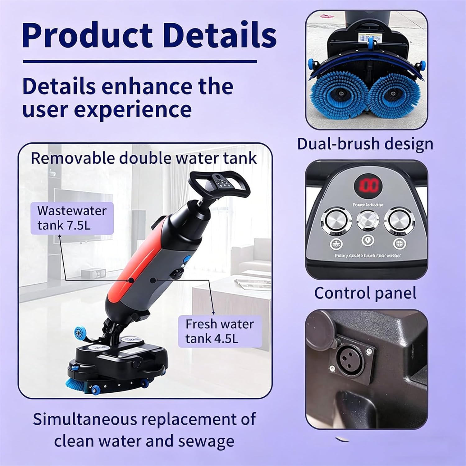 36V/ 10.5 Ah Cordless Floor Scrubber, Floor Buffer Machine, 17” Cleaning Width Commercial Floor Scrubber Machine Dual Rotary Brushes, 360° Rotating Head Red