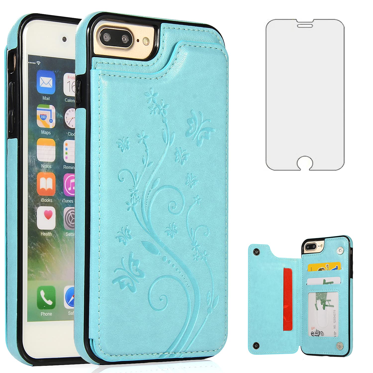 Phone Case for iPhone 7plus 8plus 7/8 Plus with Tempered Glass Screen Protector and Card Holder Wallet Cover Flip Leather Cell Accessories i Phone7s 7s + 7+ 8s 8+ Phones8 Cases Women Girl Green