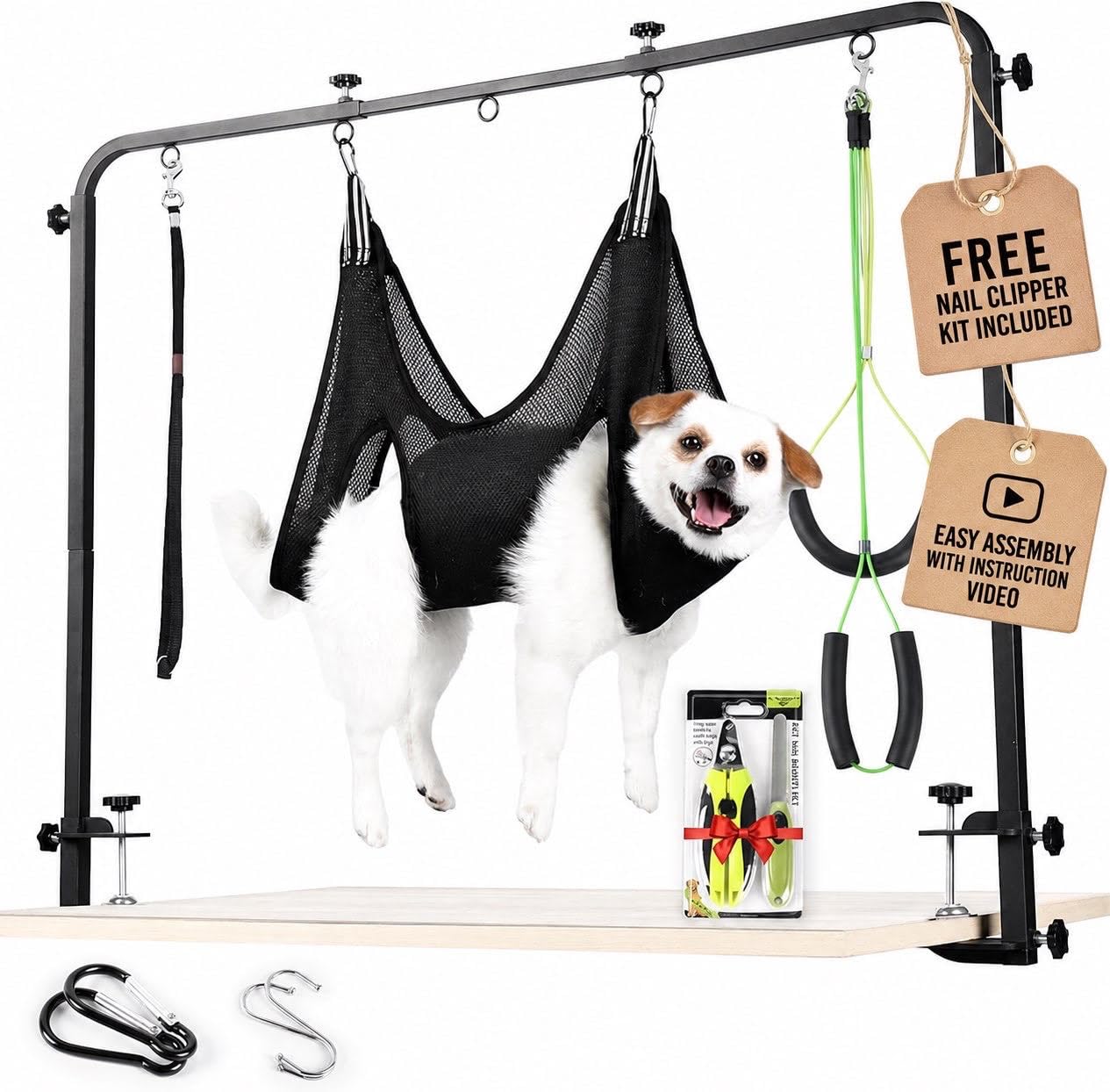Premium Hundepflege-Arm mit Klemme & Hundepflege-Hängematte – robuster Fellpflegetisch für Hunde zu Hause – Nagelknipser für Hunde – komplettes Haustierpflegeset & Hundegeschirr zum