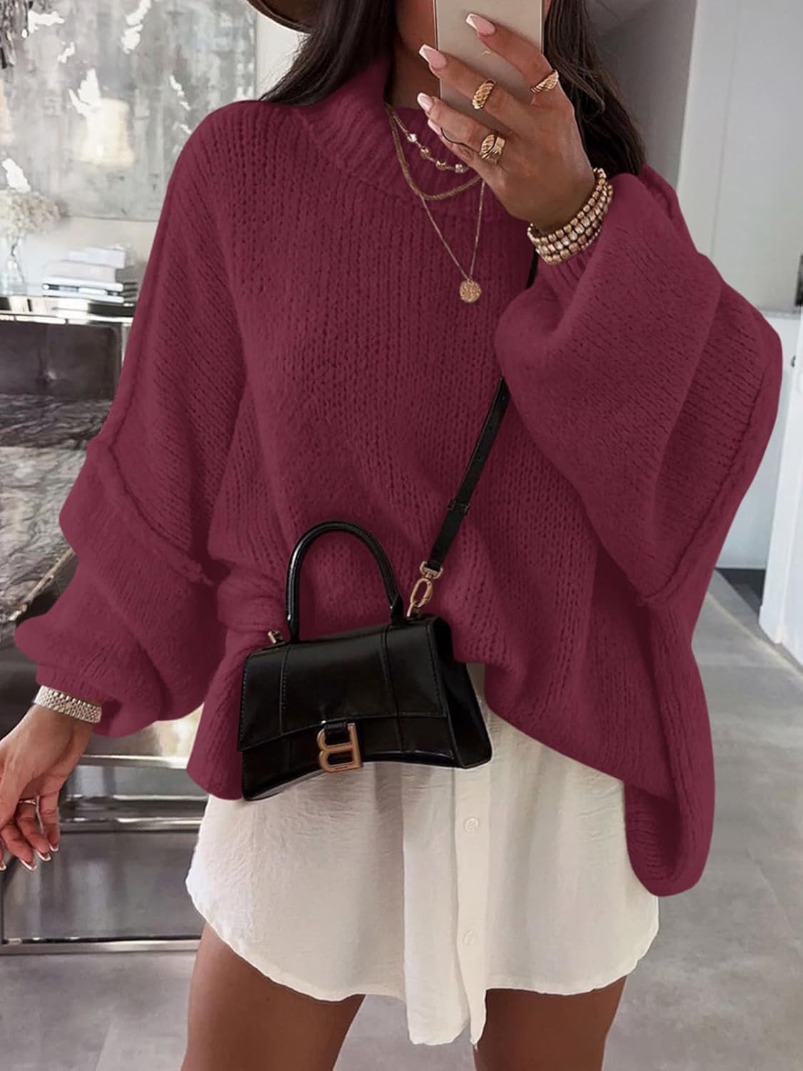 Saodimallsu Womens Oversized Sweaters Mock Neck Batwing Long Sleeve 2026 Fall Trendy Ribbed Knit Casual Tunic Sweater - Image 3