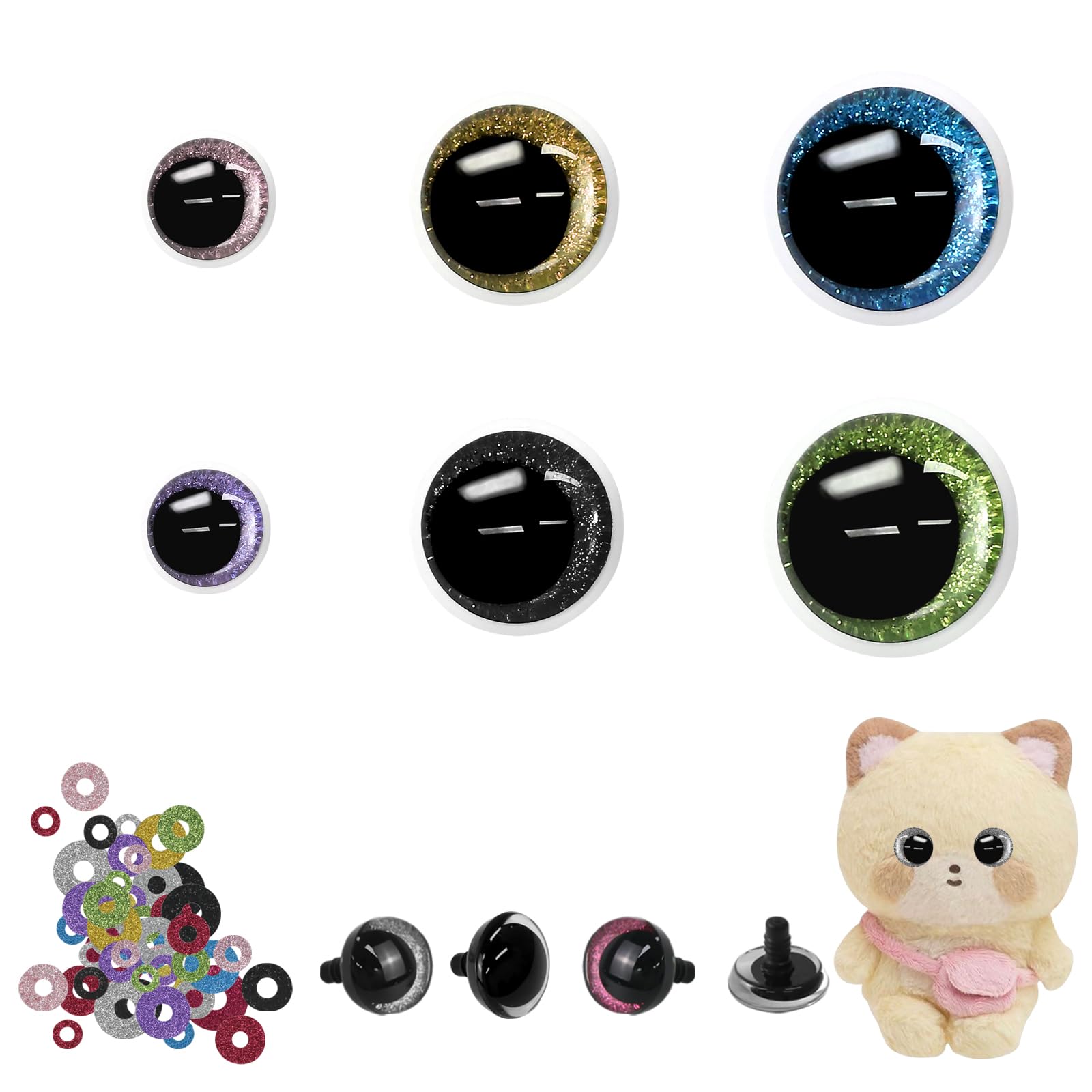 Ojos de seguridad para ganchillo con arandelas, 3 tamaños, ojos de amigurumi con purpurina 3D, 24 ojos de ganchillo rellenos de luna para manualidades de muñecas, multicolor
