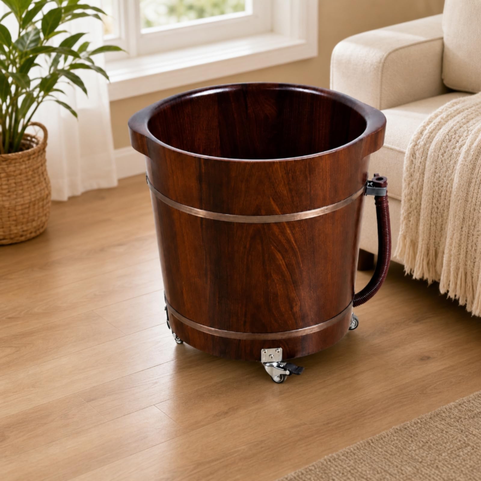 Fußbadezuber aus rustikal Fußbadewanne aus tief Fußbecken mit Ablaufschlauch für Pediküre, Badezimmer, 40 Cm, Pfirsichkernholz, Doppelohr, Mit Rollen, 40 Cm Hoch