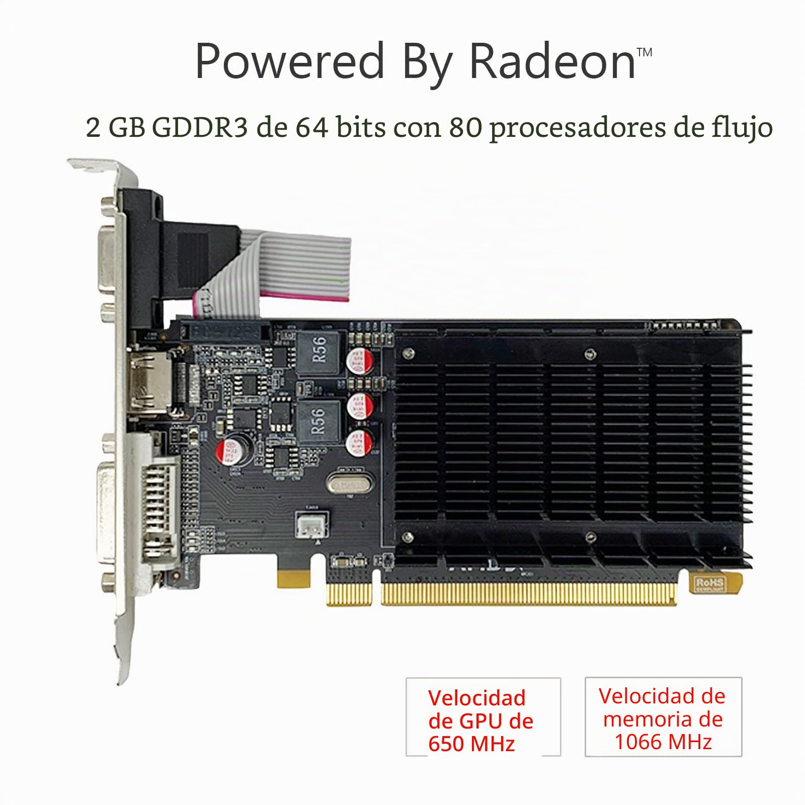 Radeon HD 5450 Tarjeta gráfica, 2 GB GDDR3 64 bits, DVI/HDMI/VGA, perfil bajo, PCI Express x16, tarjeta de video para PC, GPU, DirectX 11