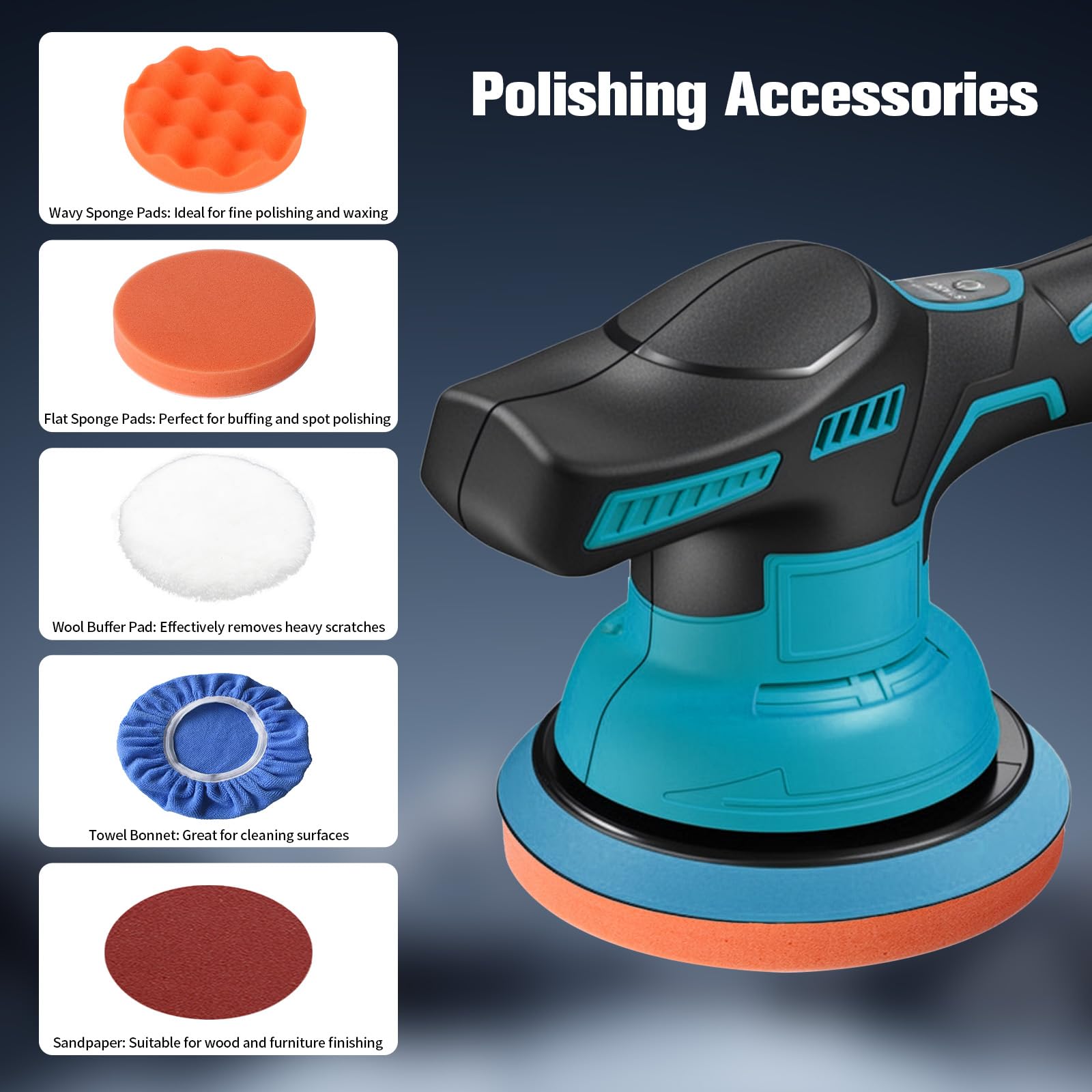 Pulidora de batería para coche, compatible con Makita 18 V – 150 mm, con 8 velocidades variables (0-4500 rpm), juego de 12 pulidores para detalles de coche, pulidora, pulir, encerar, eliminar arañazos