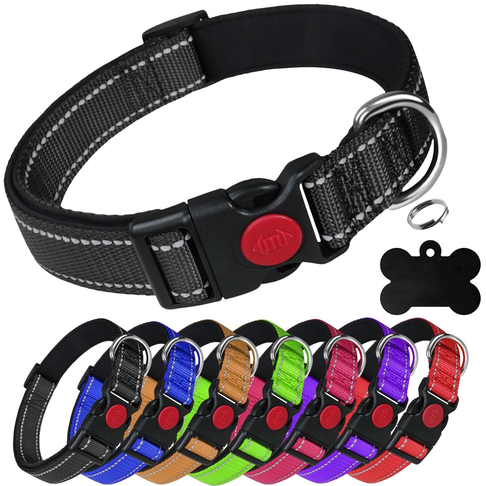 LARRYROO Reflective Dog Soft Padded Nylon Collar | Slide Lock Safety Buckle | Fully Adjustable With Personalised Engraved Matching Colour Bone Shaped Tag (Black, Large (40cm - 60cm Neck))