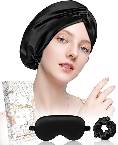 Miniatura 7 de Miss Adola Gorro de seda 100% morera para mujer, juego de dormir de 19 momme de seda natural para el cuidado del cabello con máscara de ojos y gorro