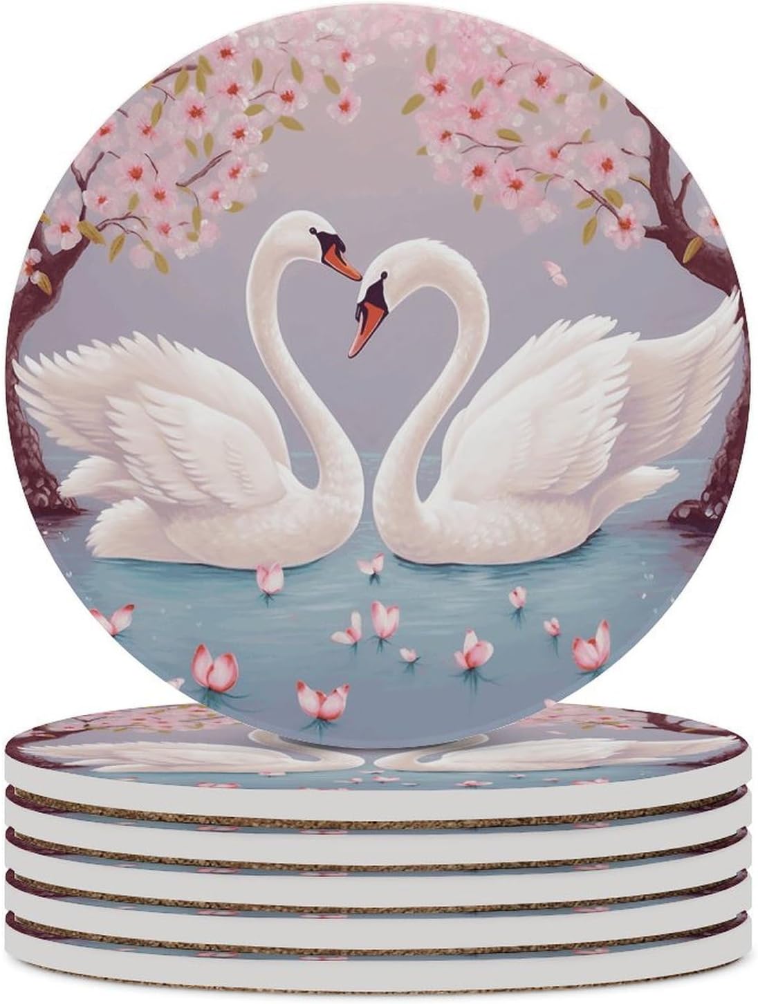 White Swans with Pink Floral Tree Coaster with Cork Base Drink Coasters for Coffee Table Decor Modern Cup Coasters with Non-Slip & Heat-Resistant Cute Ceramic Table Coaster for Home Dining