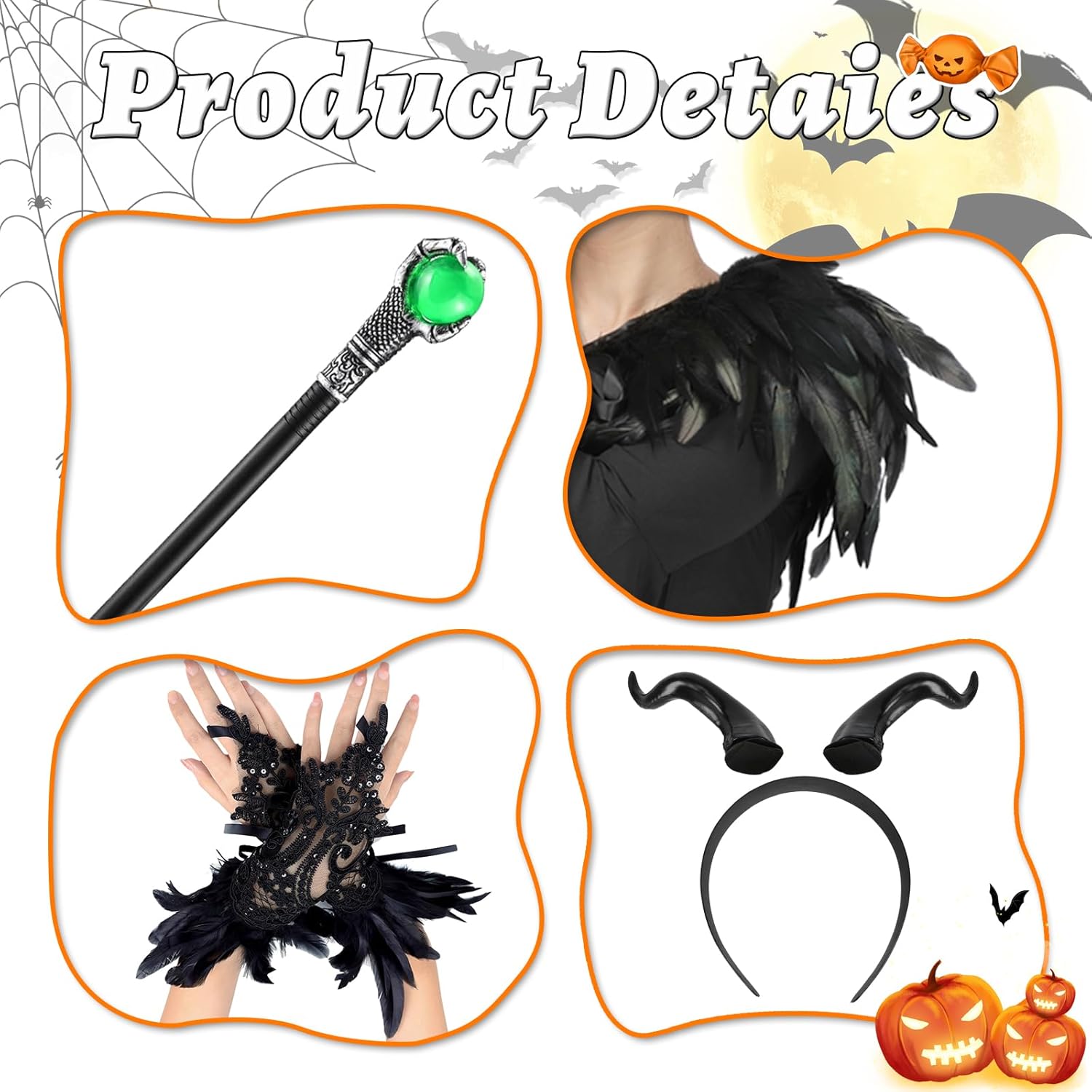 4Pcs Witch Costume Kids Evil Witch Accessories Gothic Devil Black Queen Horns Hairband Scarf Wand Gloves Cosplay Halloween Props - Image 6
