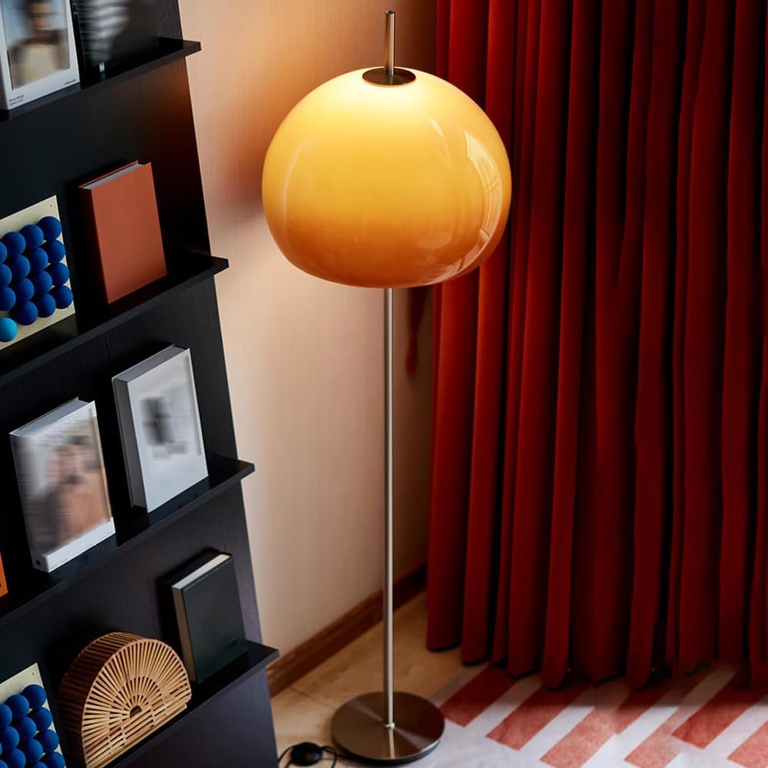 MIXL-Orange Mushroom Floor Lamp,Chrome Floor Lamp with Foot Switch,Dimmable Standing Lamp with Dome Shade,Mid-Century Modern Reading Lamp for Living Room Bedroom and Office