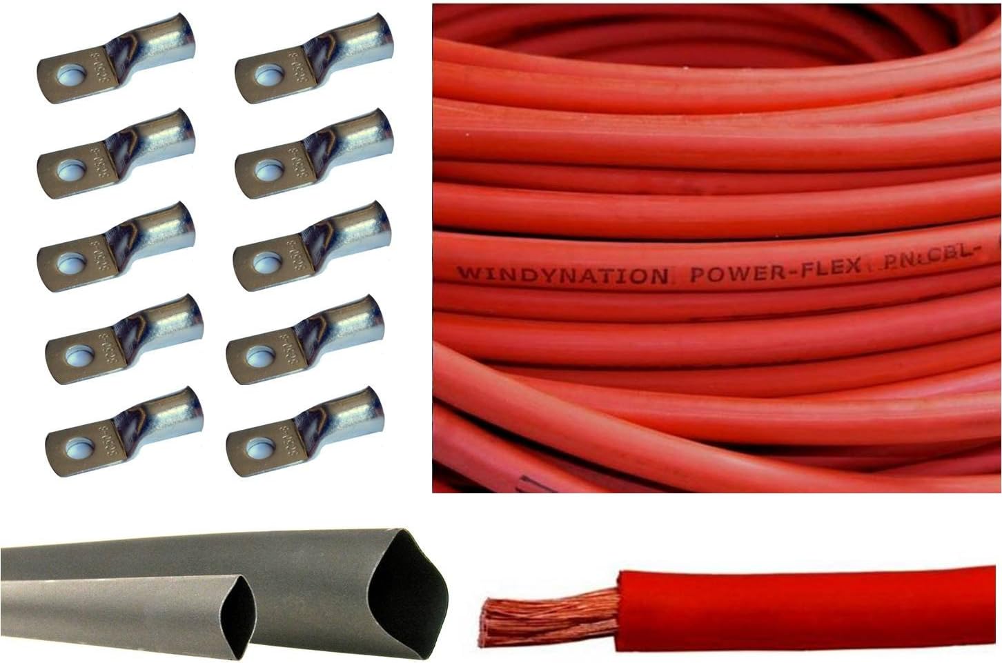 WindyNation 2 Gauge 2 AWG Red 20 Feet Welding Battery Pure Copper Flexible Cable + 10pcs of 3/8" Tinned Copper Cable Lug Terminal Connectors + 3 Feet Black Heat Shrink Tubing