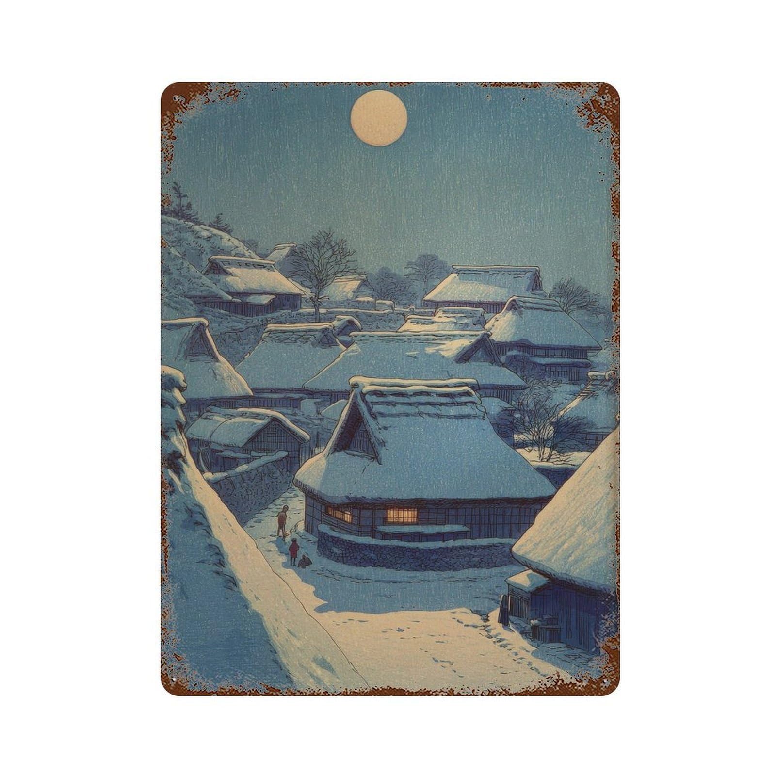 xiaoxiaoshen Snowy Japanese Village. Ukiyo Wall Decor Art Metal Tin Poster Modern Home Decor Art Home Bar Shop Decorations Vintage Sign 40x30cm