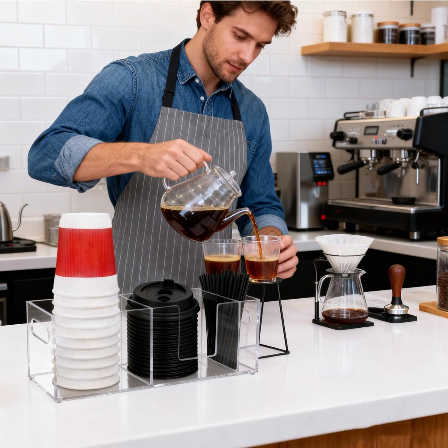 Acrylic Coffee Cup Holder for Countertop Coffee Station Accessories & Organizer 3 Slots Clear Coffee Bar Organizer for Cup Lid Straw image 4